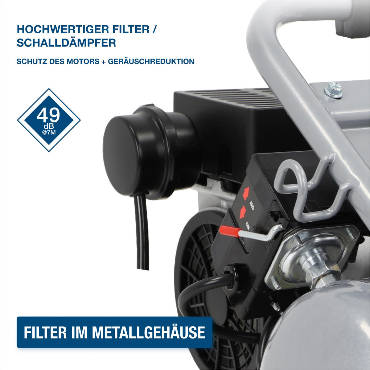 SILENT Kompressor SAC75008IC (9 bar, 8L, tragbar, ÖLFREI, 49 dB, 750 W / 1 PS) - Silberfarben, Metall (41/41/36cm) - HYUNDAI