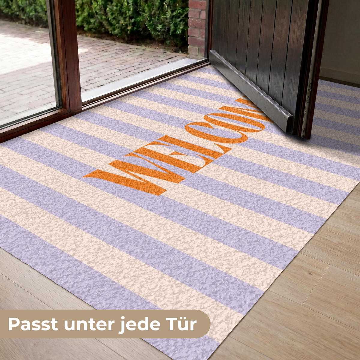 FUSSMATTE Lila – Orange – Streifen – Willkommen 150x90 cm - Flieder, Kunststoff (150/0.4cm) - MuchoWow