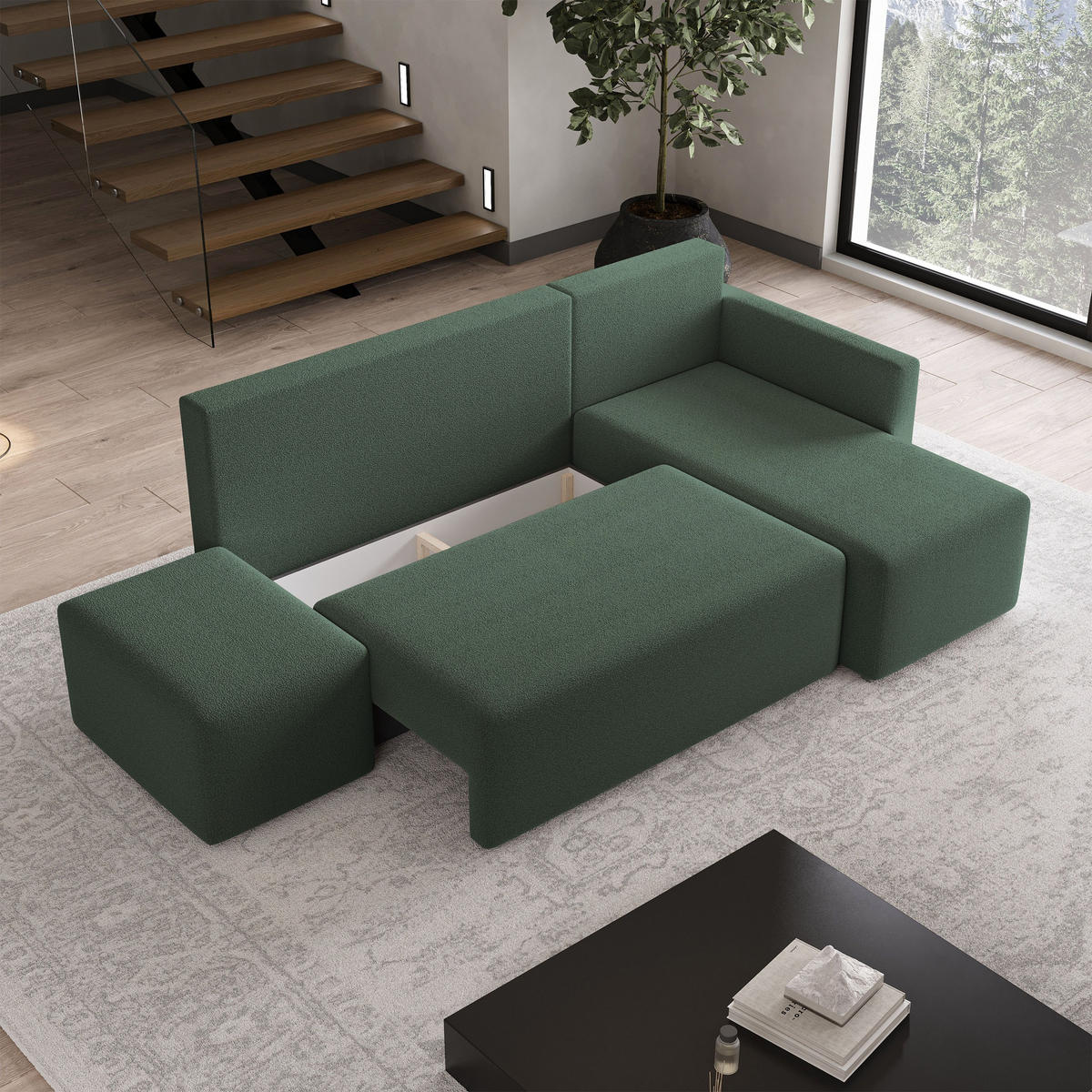 ECKSOFA VELOTTI R-S Grün Boucle-Stoff mit Schlaffunktion - Grün, Holz (261/143cm) - MASSENO