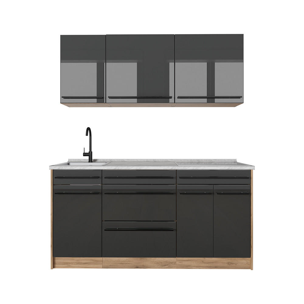 SINGLEKÜCHE R-Line, Anthrazit Hochglanz/Goldkraft Eiche, 160 cm Arbeitsplatte Marmor - Honigeiche/Schwarz Hochglanz, Holzwerkstoff (160/81.6/60cm) - Vicco