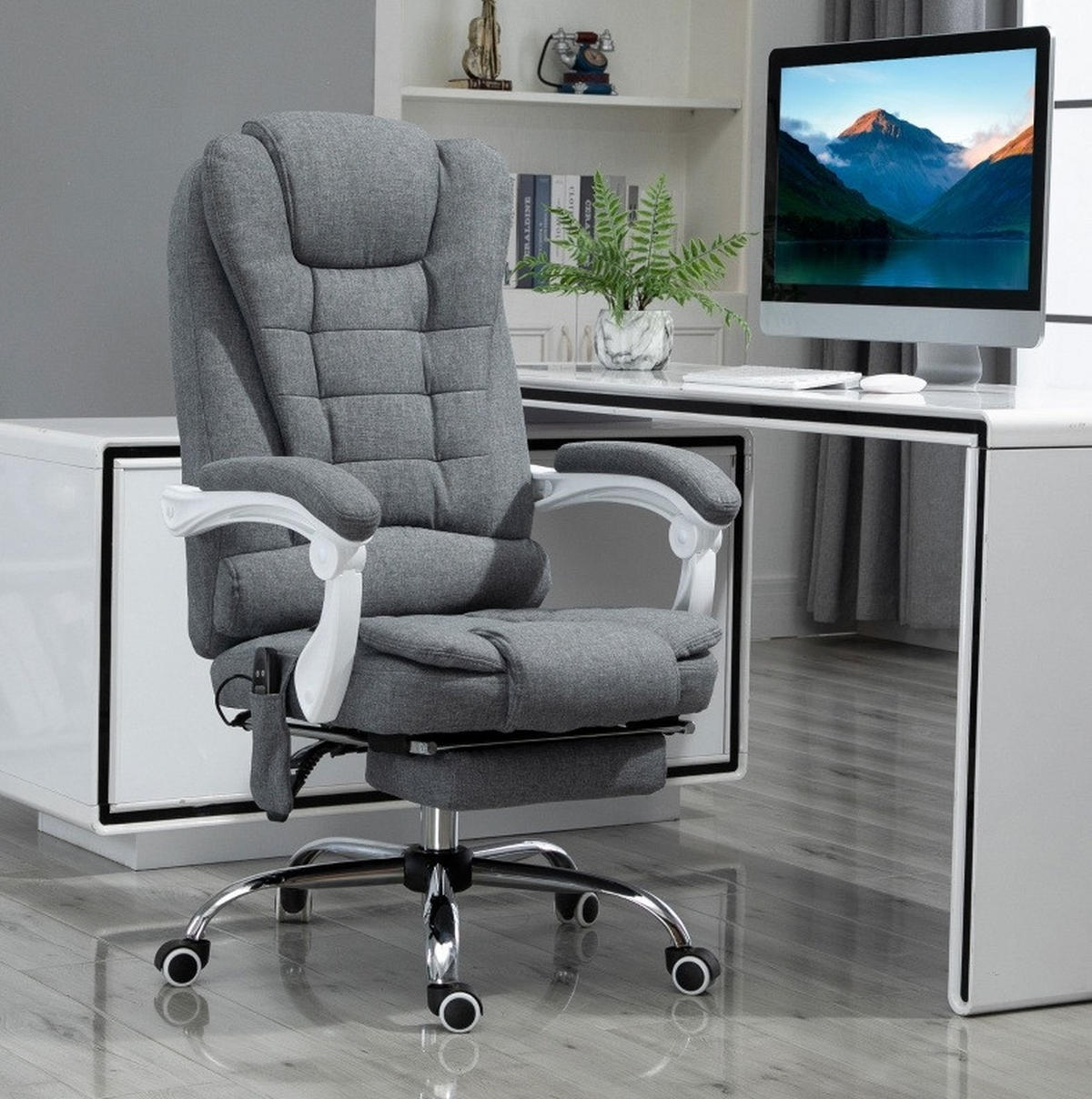 BÜROSTUHL in Grau 70x65x119 cm mit Massage- und Heizfunktion, neigbarer Rückenlehne und Fußstütze - Grau, Textil (65/119/70cm) - IVMEU