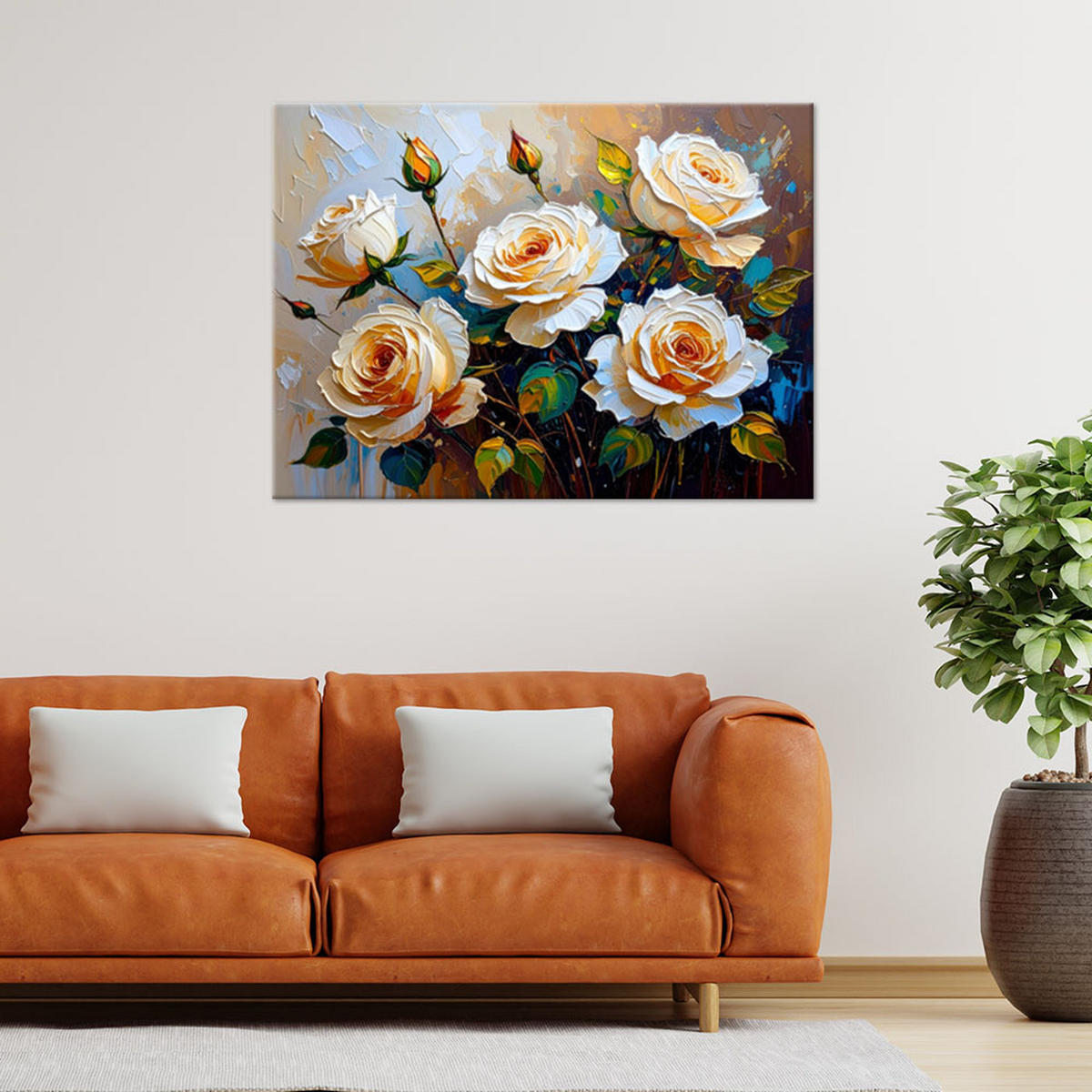 LEINWANDBILD Cremefarbene Rosen Strauß Blumen auf beigem Hintergrund 100x70cm - Beige, Textil (100/70cm) - Feeby