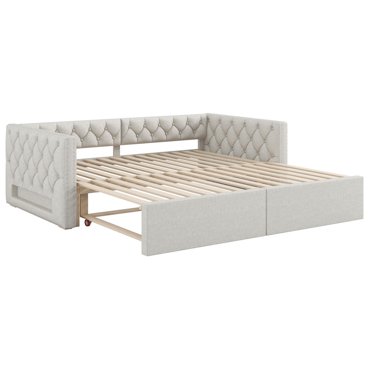 POLSTERBETT 90/200 cm Ausziehbett Beige aus Leinen mit LED-Beleuchtung - Beige, Textil (90/200cm) - OKWISH