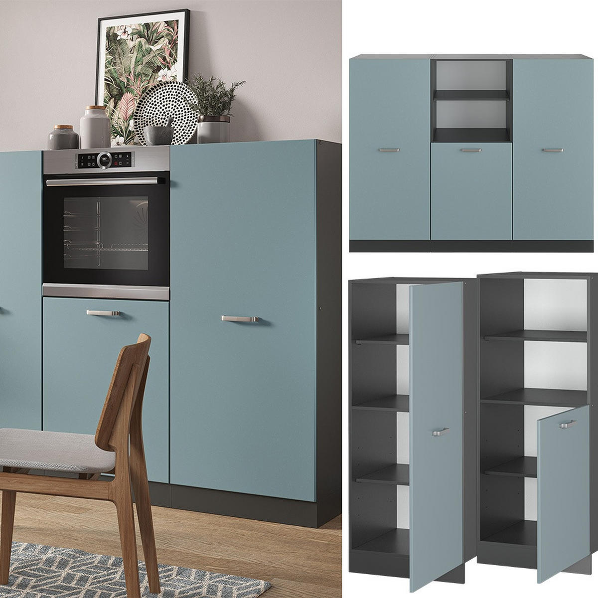 EINBAUKÜCHE R-Line Blau-Grau/Anthrazit 180 cm ohne Arbeitsplatte - Anthrazit/Blaugrau, Holzwerkstoff (180/143/46cm) - Vicco