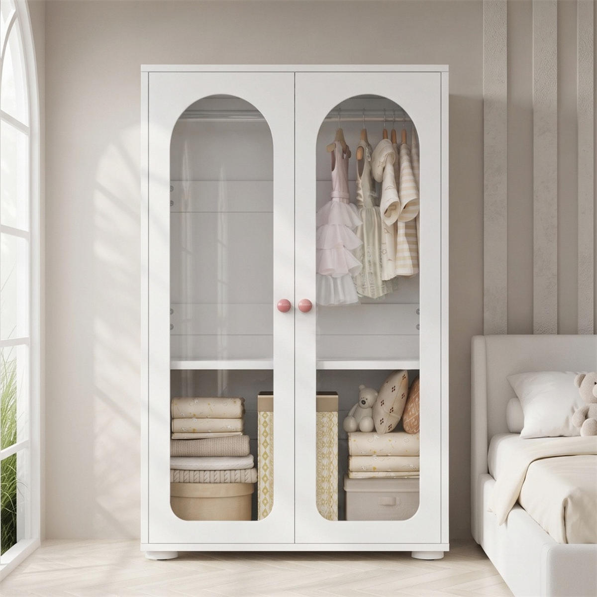 KLEIDERSCHRANK 80x50x120 cm mit 2 Acryl-Transparenttüren und Kleiderstange - Keramikgriffen - Weiß - Weiß, Holzwerkstoff (50/120/80cm) - DELFA