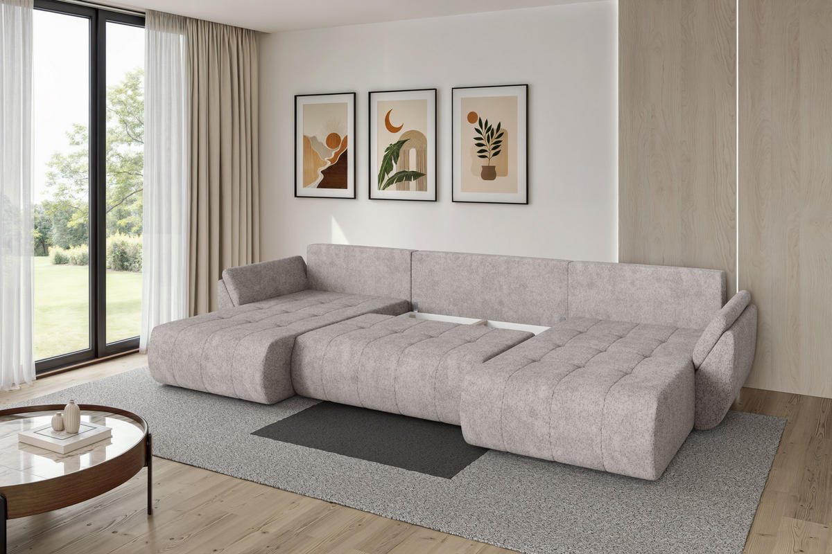 SEDACÍ SOUPRAVA DO U s funkcí spaní a úložným prostorem TOKO-U 378x194x86 světle šedá velur - černá/světle šedá, kompozitní dřevo/textil (378/86/194cm) - ALTDECOR