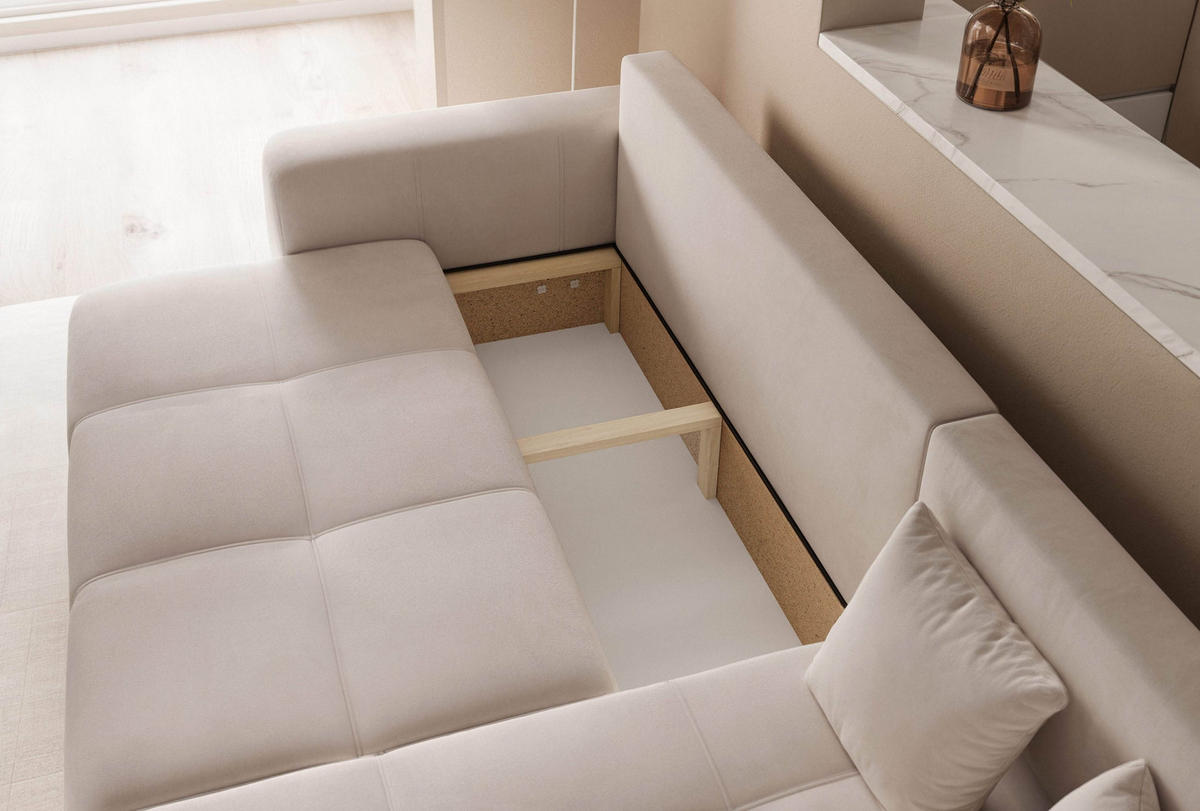 ECKSOFA Beige Velours mit Bettkasten und Schlaffunktion - Beige, Textil (248/145cm) - Idohome