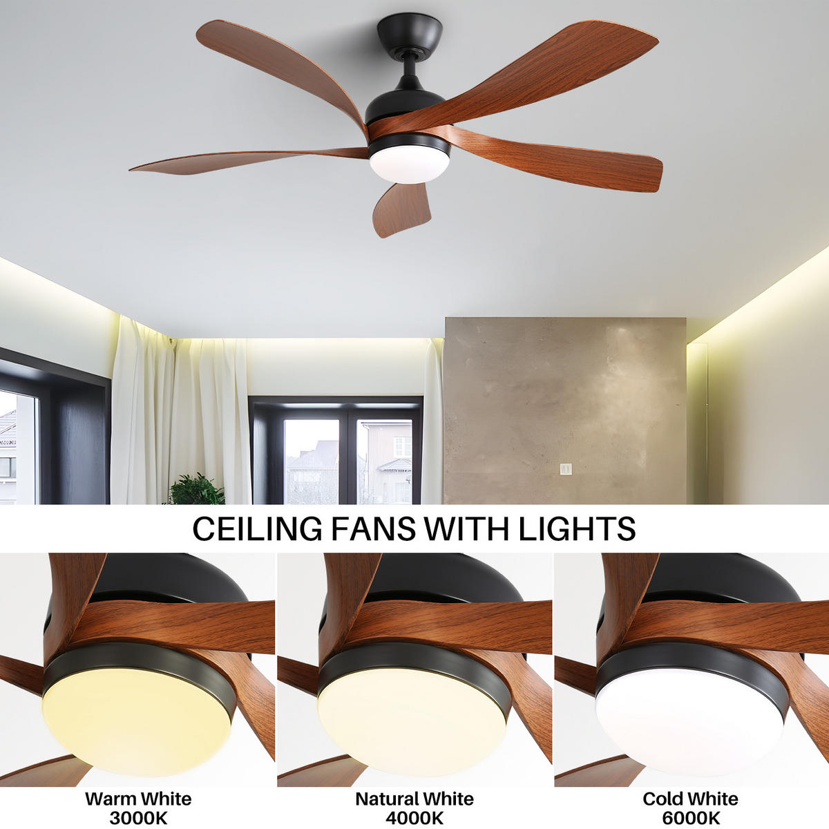 DECKENVENTILATOR DE-16179 52 Zoll, 3-Farben-LED dimmbar Schwarz - Schwarz, Kunststoff (131/131/35cm) - ComfortXL