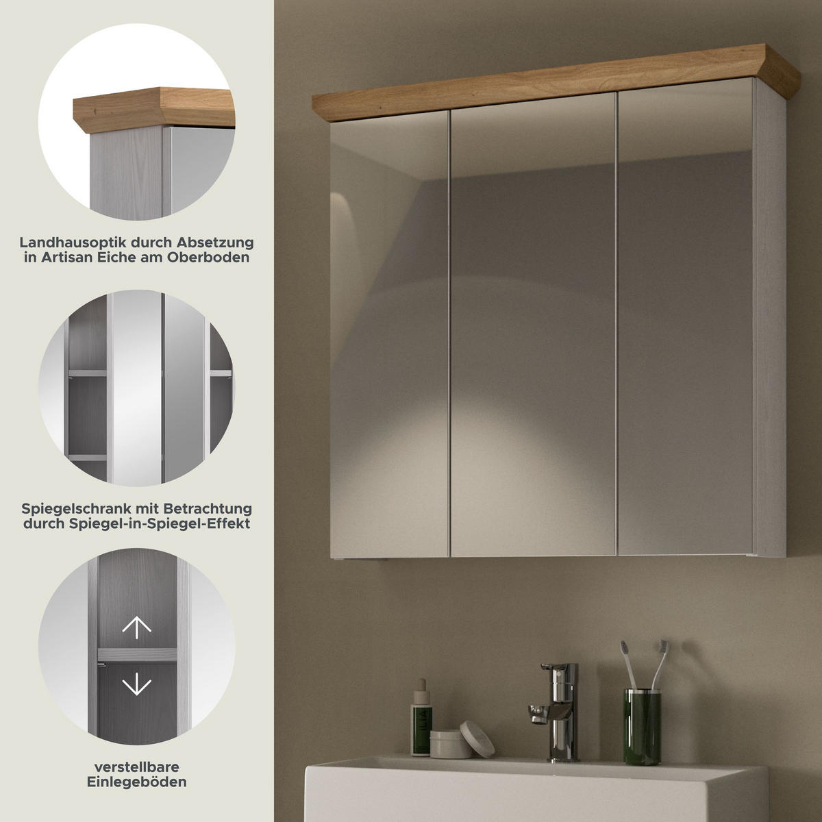 SPIEGELSCHRANK Siena (B/H/T: ca. 69/71/21 cm) in Sibiu Lärche Nachbildung/Sibiu Lärche Nachbildung - Lärchefarben, Holzwerkstoff (69/71/21cm)