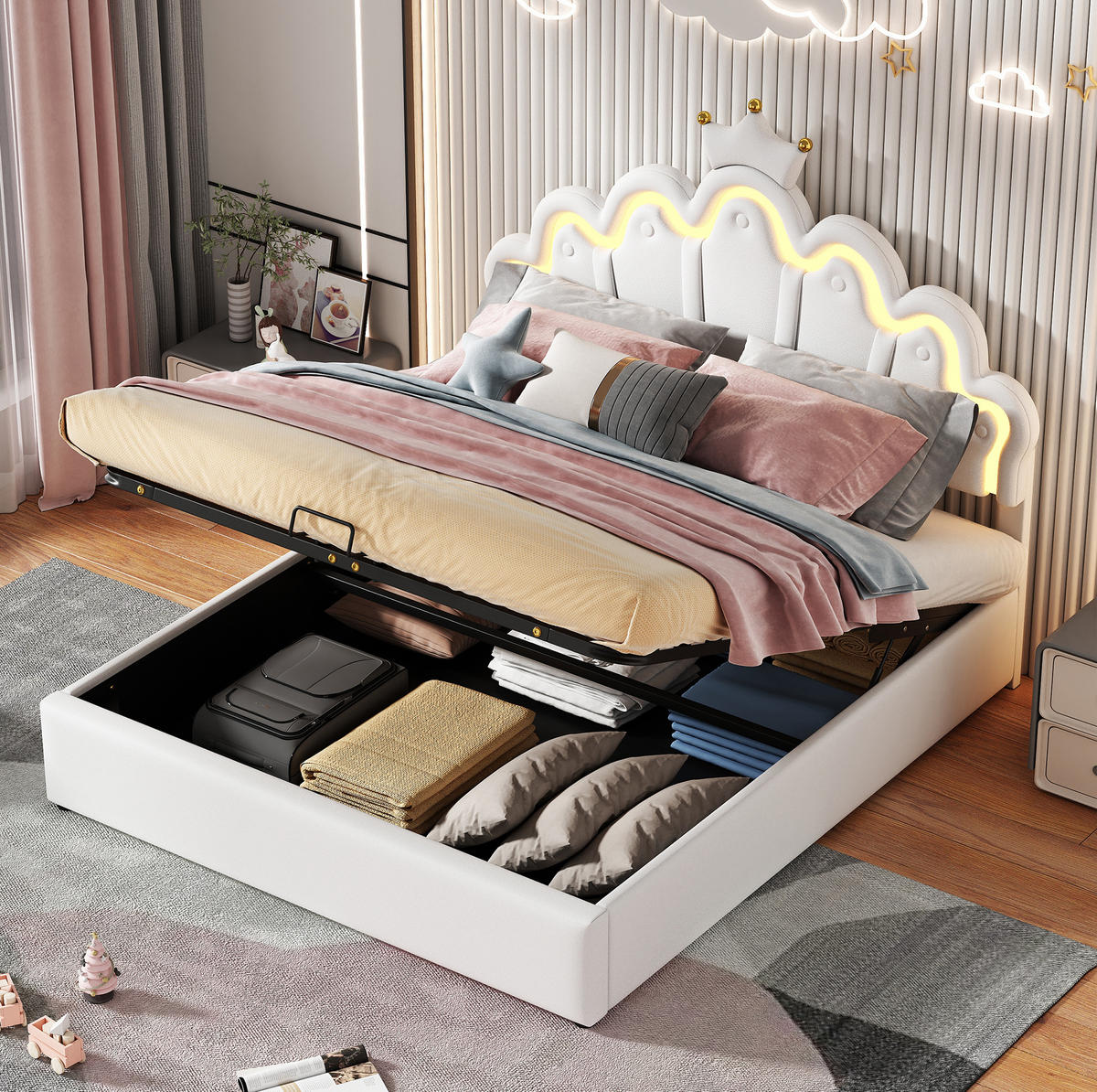 POLSTERBETT mit Stauraum und LED 140x200 cm PU Weiß - Weiß, Metall (140/200cm) - Meubliv