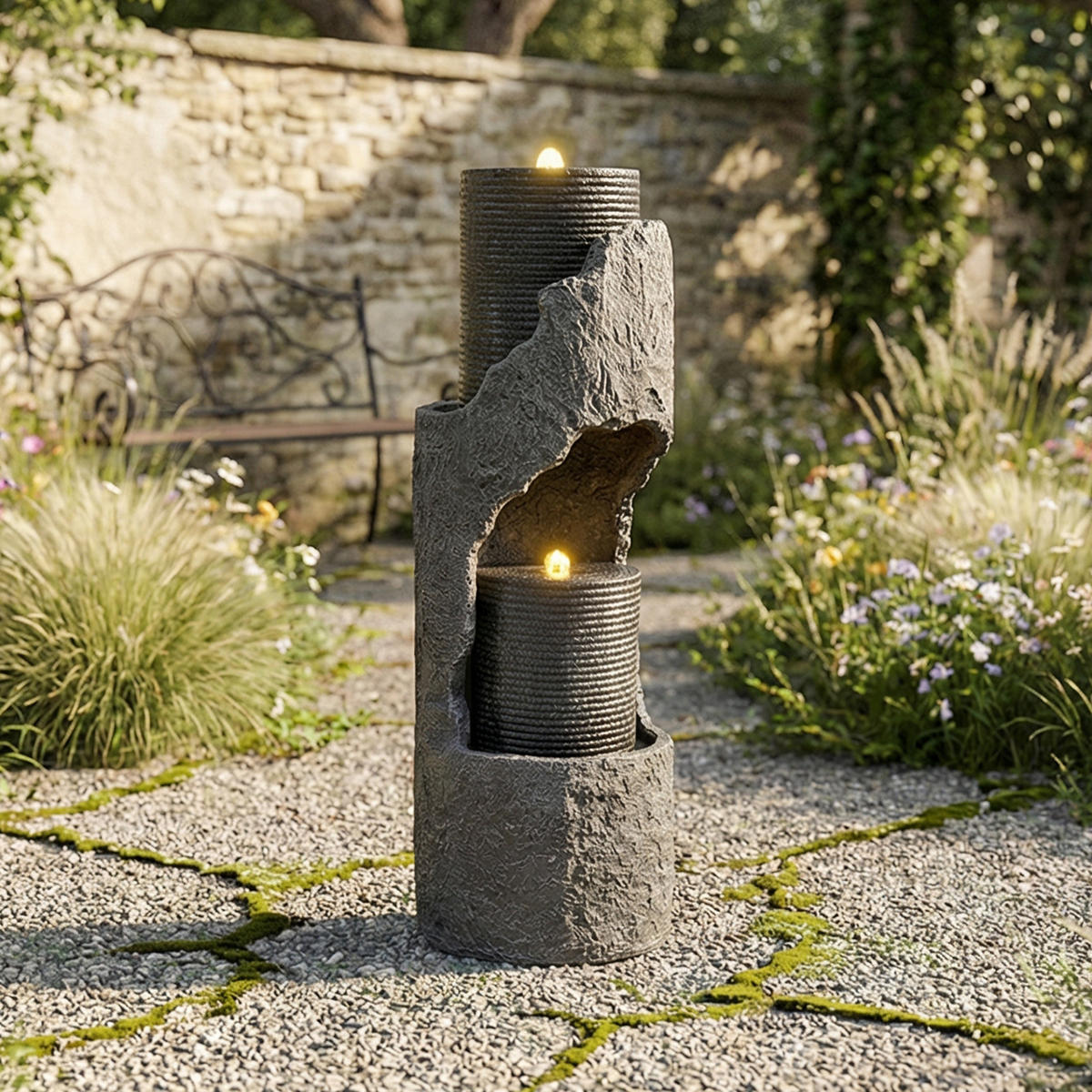 GARTENBRUNNEN, LED-Beleuchtung, Kunststein, Wasserspiel, Grau - Grau, Naturmaterialien (34.5/34.5/100.5cm) - FLIEKS