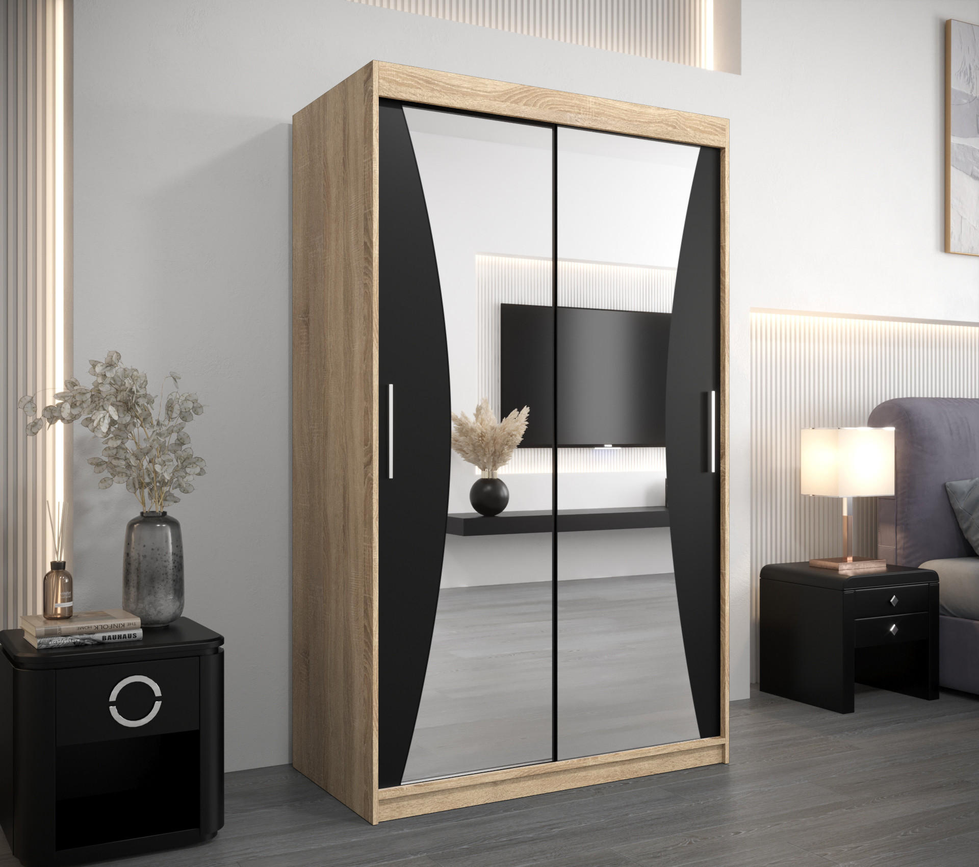 SCHWEBETÜRENSCHRANK 200/120/62 2-türig - Silberfarben/Schwarz, Holz/Kunststoff (120/200/62cm) - Abiks Möbel