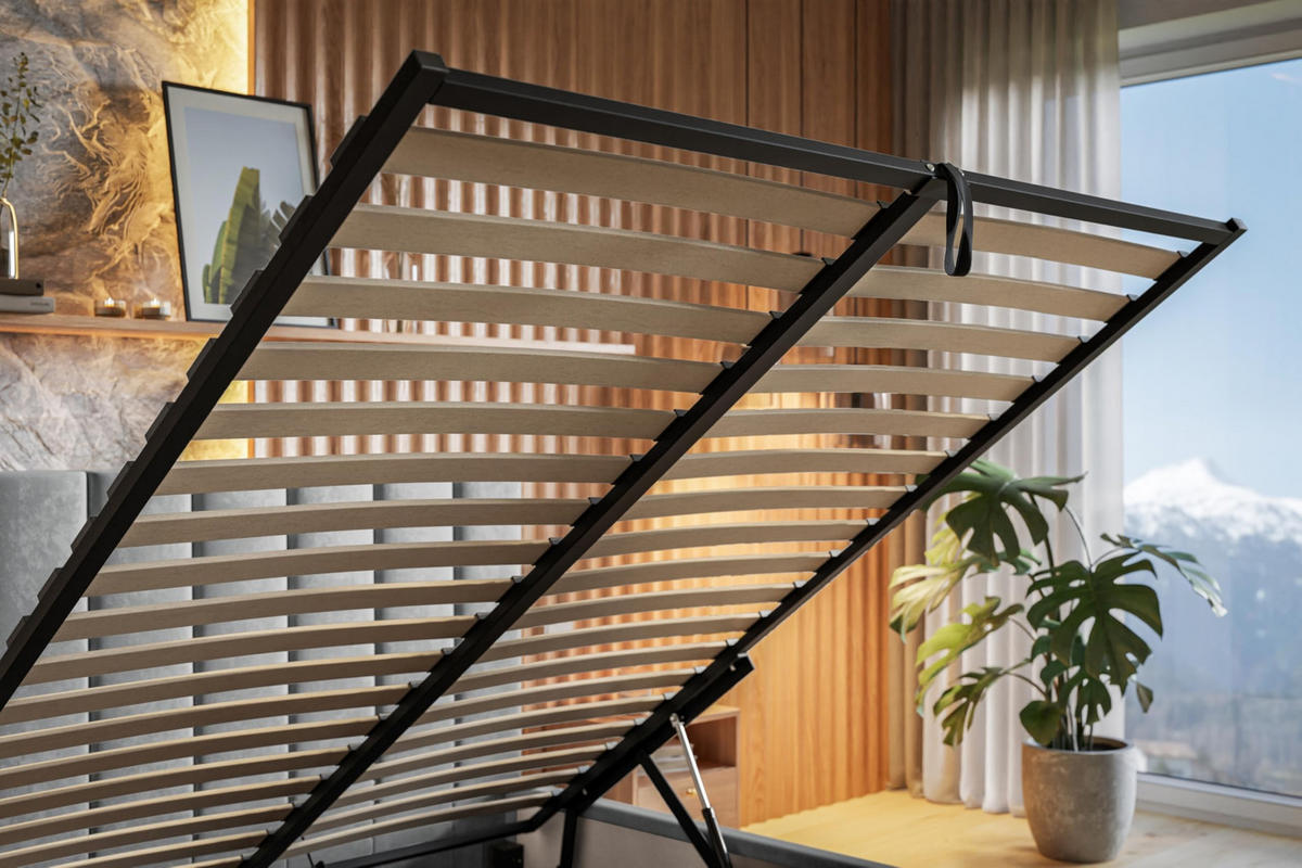 BETT 140x200 - Polsterbett mit Bettkasten und Metallrahmen - Modern Betten - Weicher Jasminstoff - Kollektion Tokio, Schwarz - Schwarz, Holz/Textil (140/200cm) - Alpi-Möbel