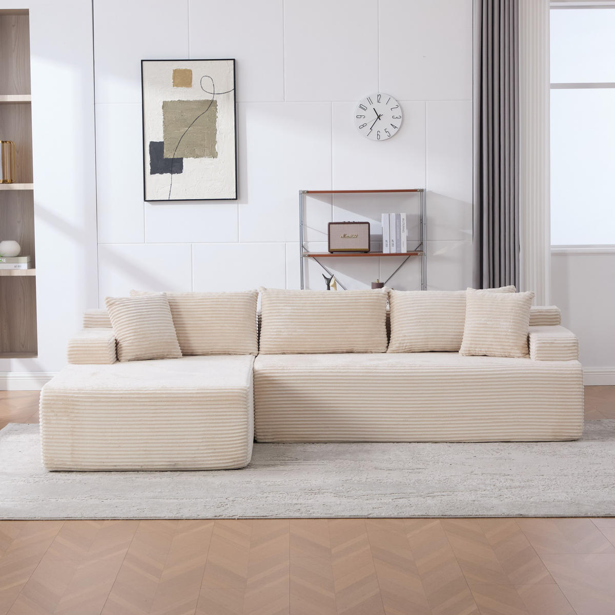 ECKSOFA 4-Sitzer Chenille Stoff Ivory Chaiselongue Funktion - Ecru, Textil (174/272cm) - Korfee