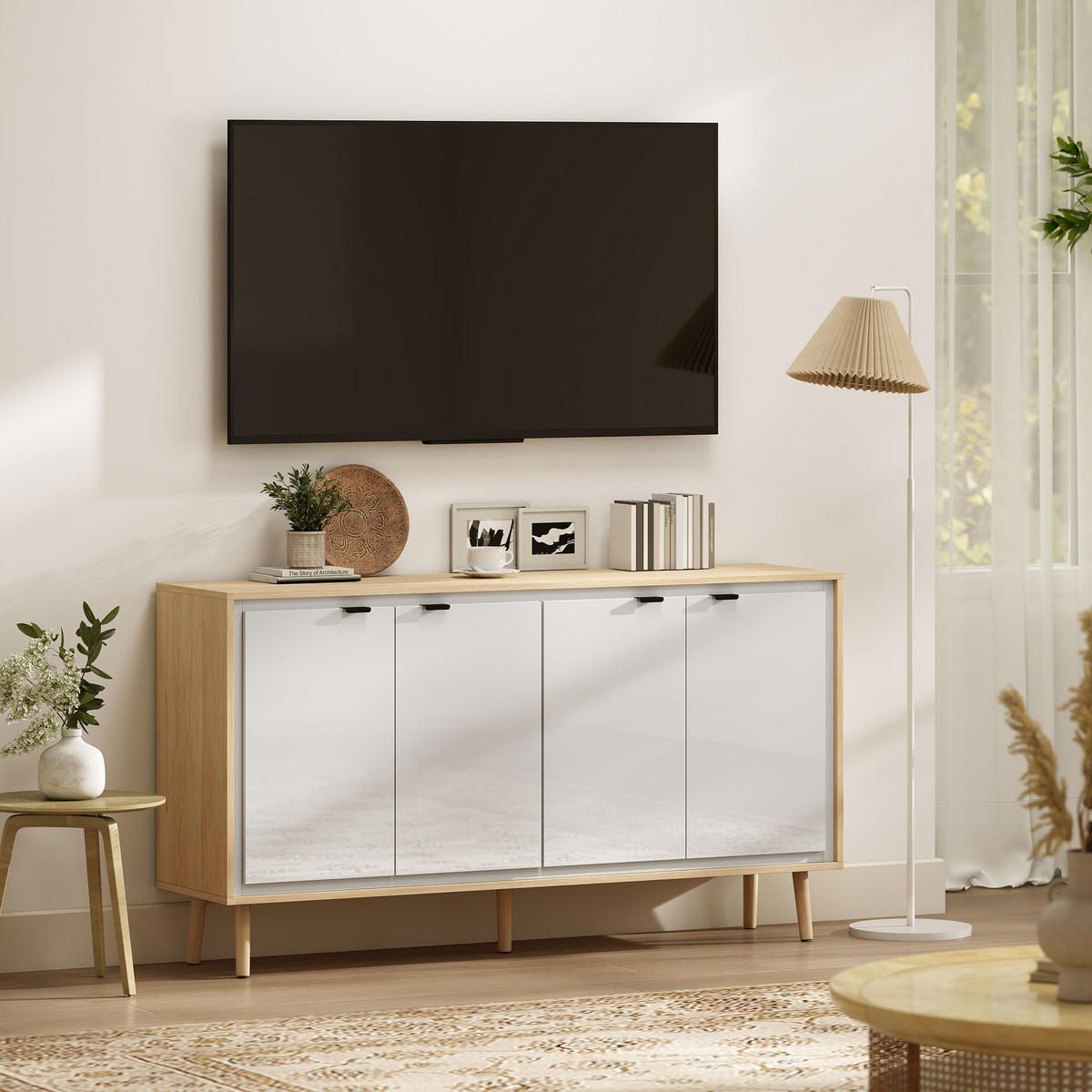 SIDEBOARD DE-11234 Hochglanz, 4 Türen & verstellbare Böden Weiß/Eiche - Weiß, Holzwerkstoff (141/77/35cm) - ComfortXL