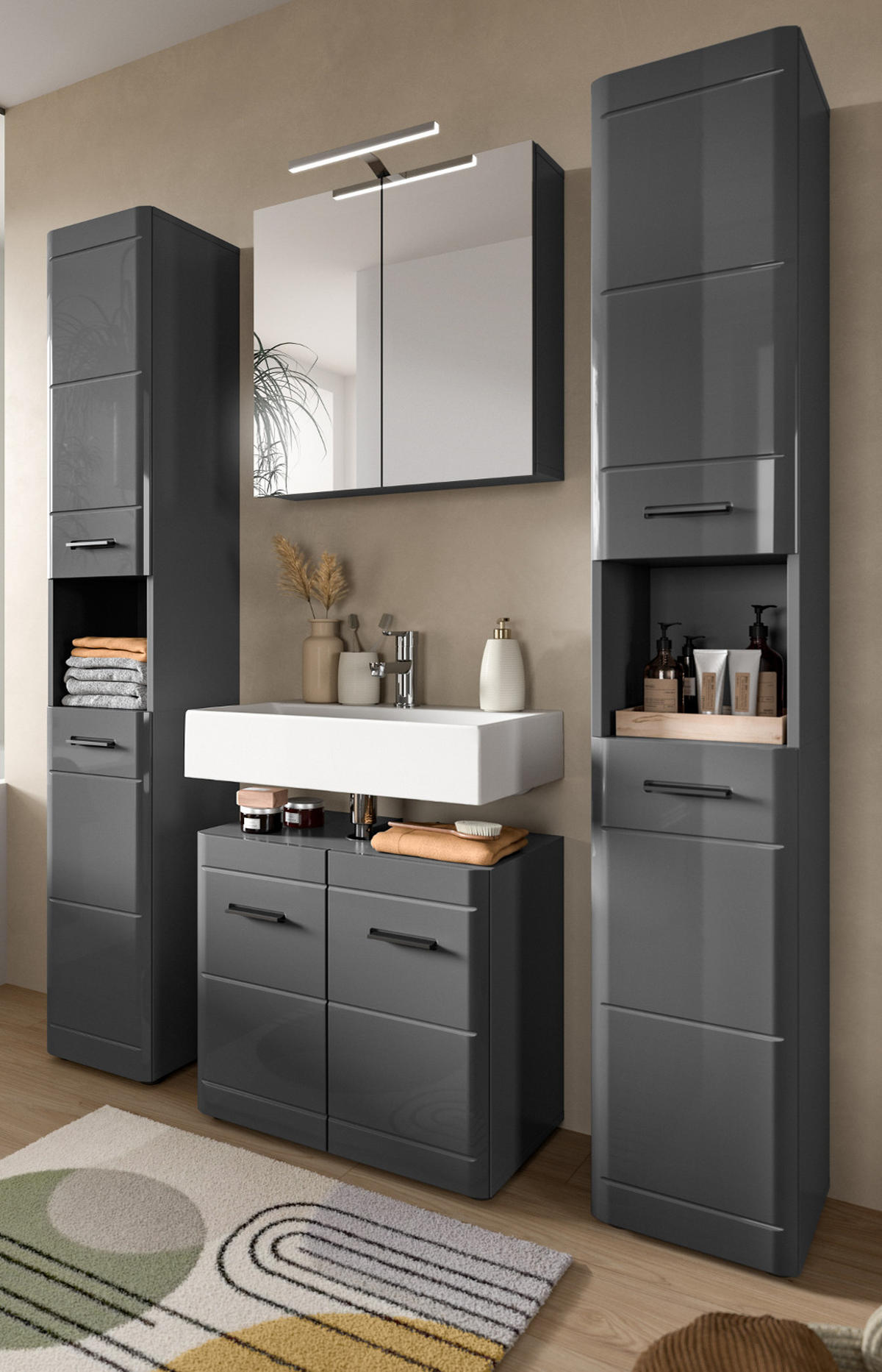 BADMÖBEL-SET grau Hochglanz 4-teilig, Komplettset mit Soft-Close - Grau, Glas/Holzwerkstoff (150/190/34cm) - Inn.Furn