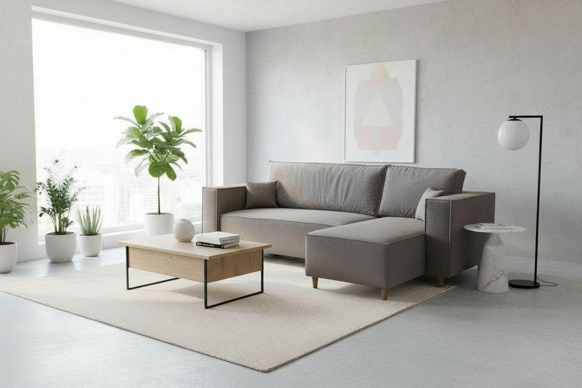 ECKSOFA RIO mit Schlaffunktion und Bettkasten, Farbe: Grau, Velourstoff, Ottomane Universal - Grau, Textil (249/142cm) - Marpur