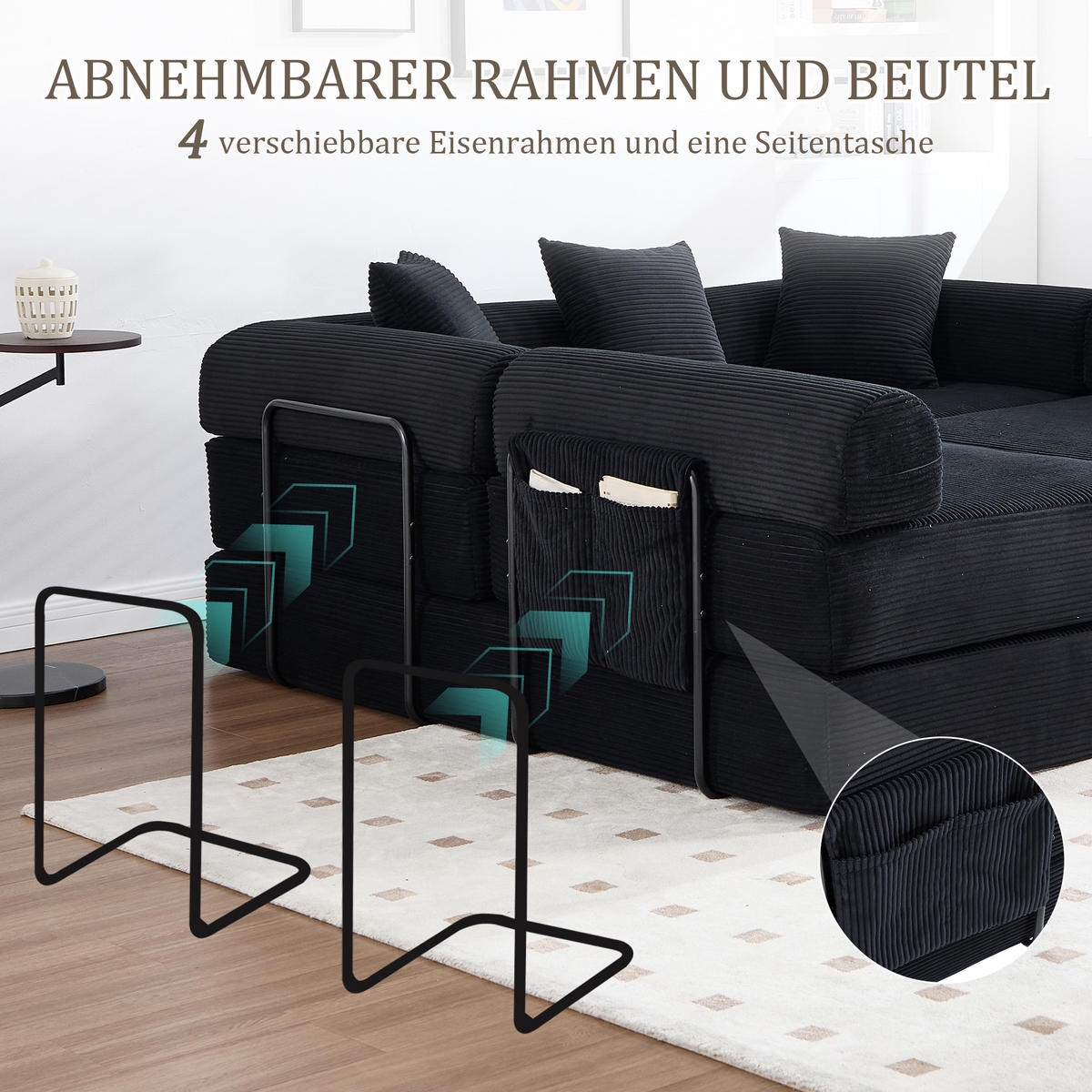 ECKSCHLAFSOFA 270/180/64 cm Schwarz mit Integrierte Seitentaschen - Schwarz, Textil (270/180cm) - Oxeza
