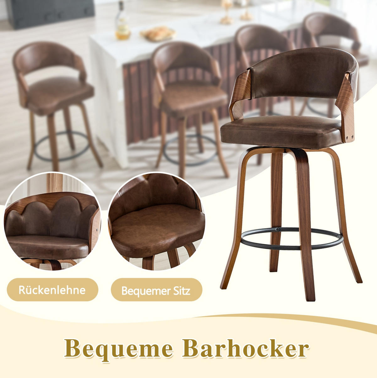 BARHOCKER 2er-Set mit Rückenlehne aus Holz und PU-Leder - Braun, Holz (42/95/51cm) - MIVRAY