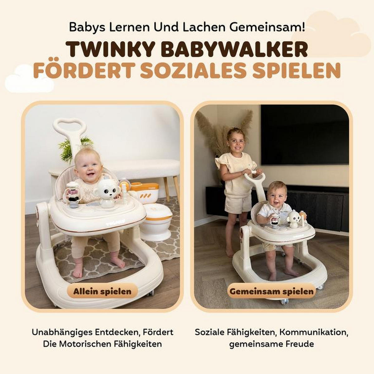 LAUFLERNHILFE GO 3 in 1 Creme - Lauflernwagen mit Spielset und Zubehör - Beige, Kunststoff (70/70cm) - Twinky