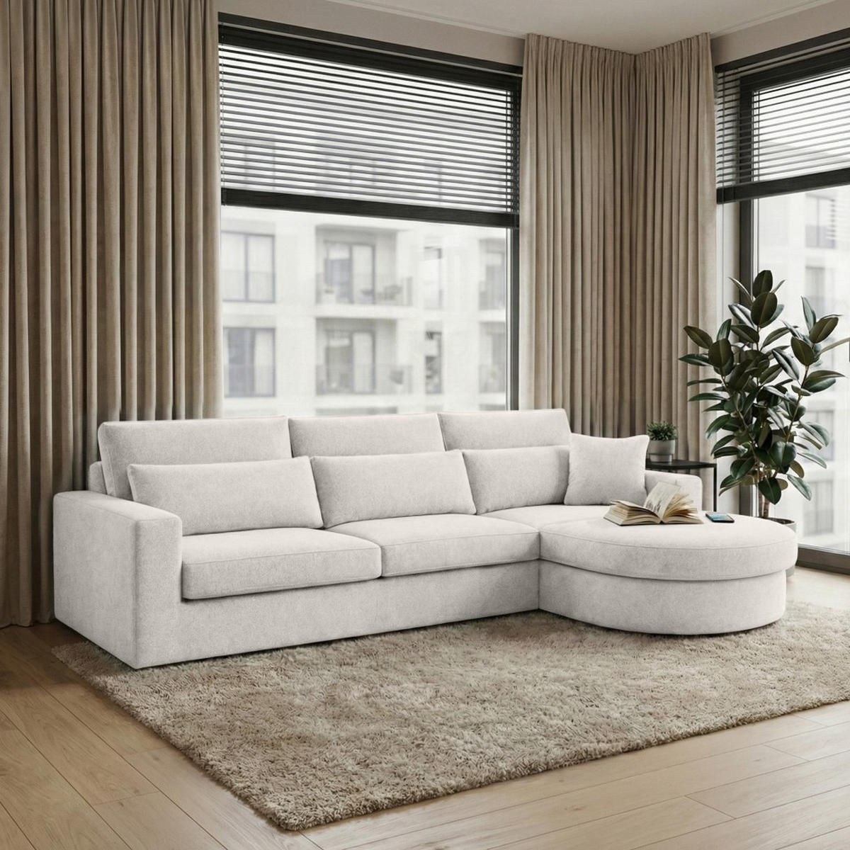 ECKSOFA Pablo ohne Schlaffunktion, mit abgerundeter Ottomane, rechts, Beige, Velourstoff - Weiß, Textil (319/196cm) - Beautysofa
