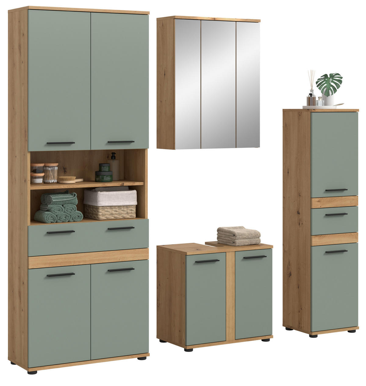 BADMÖBEL-SET 4-teilig Salbei grün, Artisan Eiche 195 cm, Badkombination mit viel Stauraum - Salbeigrün/Schwarz, Glas/Holzwerkstoff (195/191/34cm) - Inn.Furn