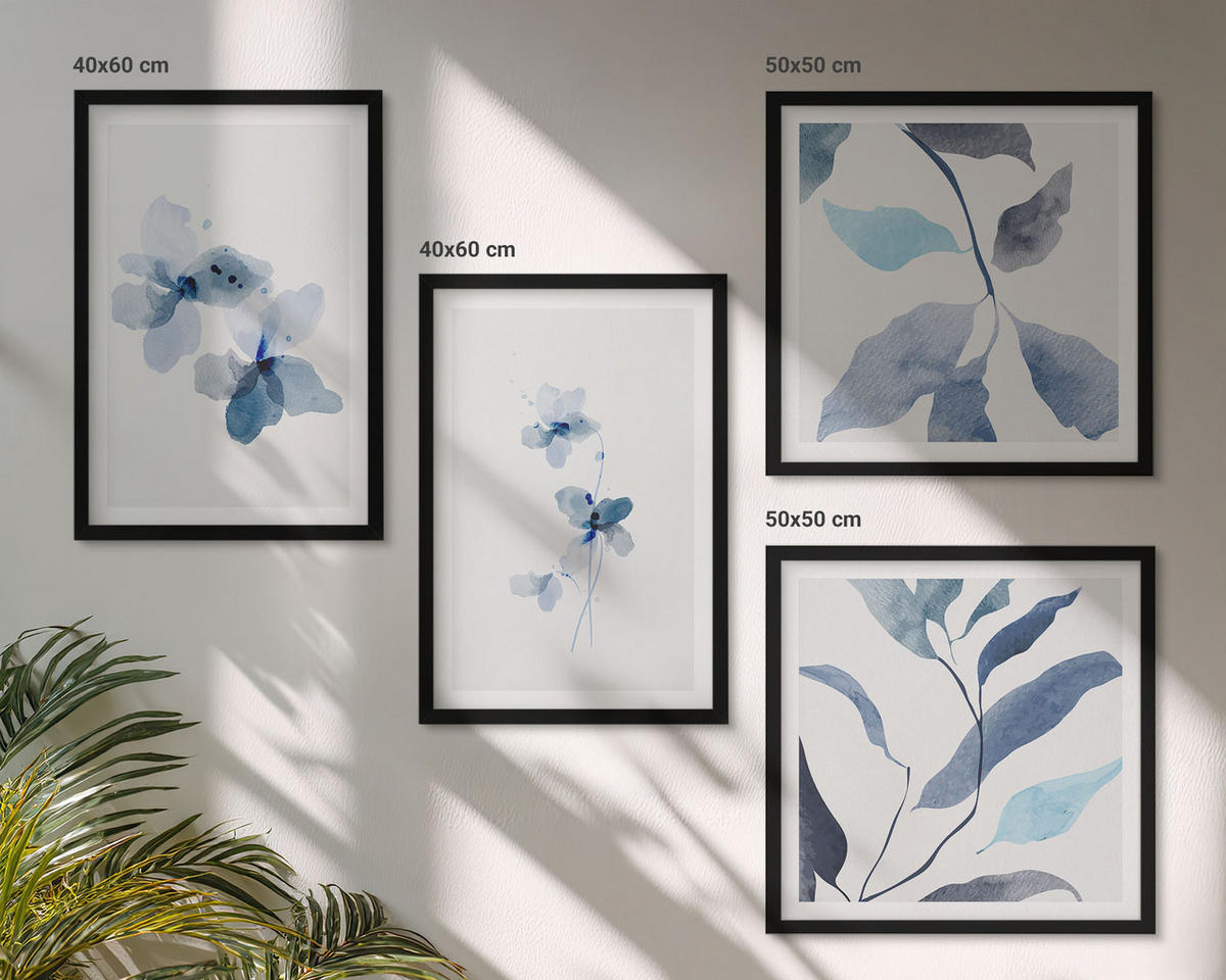 BILDER SET 4er Set - 50x50 cm & 40x60 cm Schwarzer Rahmen - Minimalistische blaue Blumen - Schwarz, Kunststoff (50/50cm) - TULUP