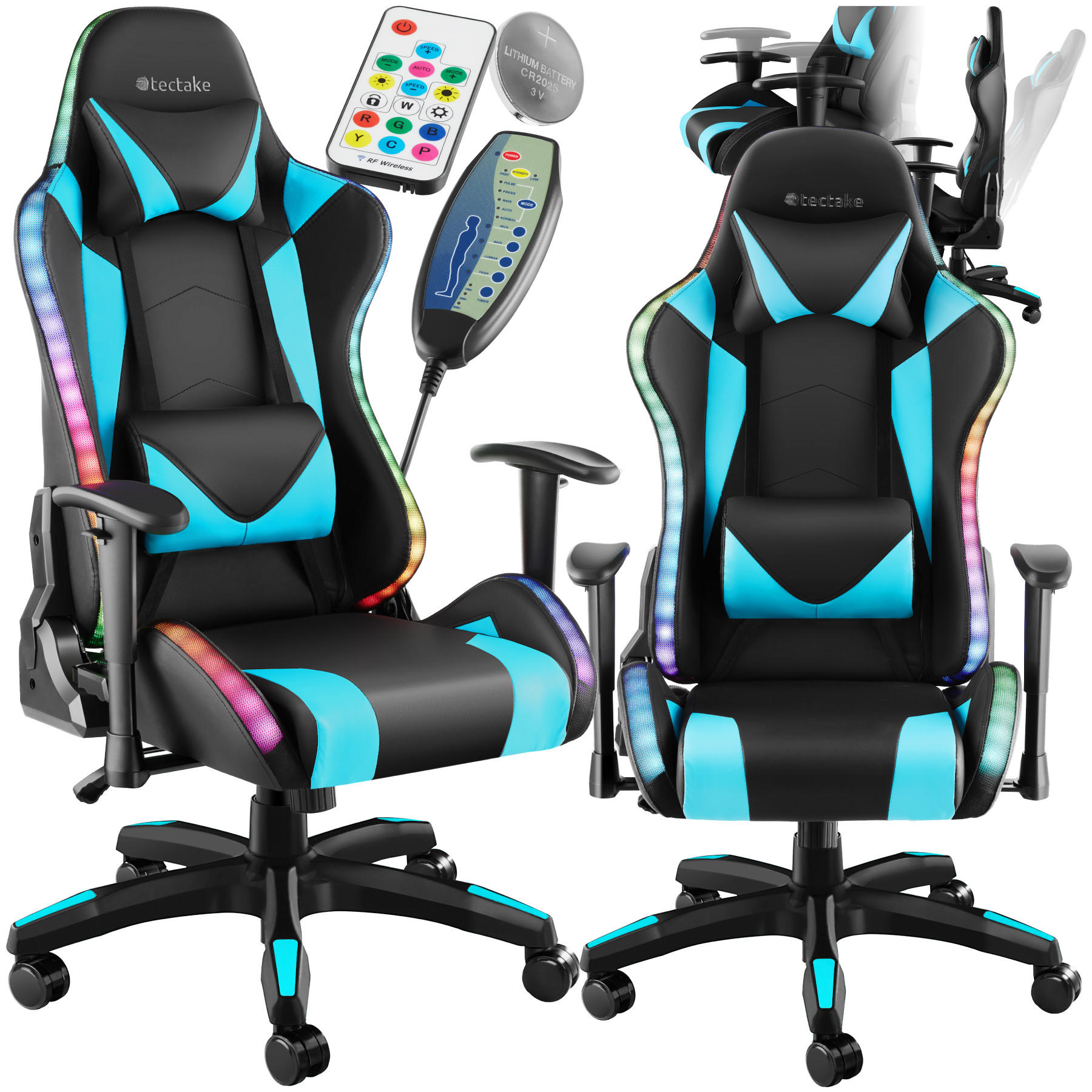 GAMINGSTUHL Tartaros,dicke Polsterung, Belastbarkeit 120 kg,schwarz/azur - Schwarz/Hellblau, Textil (66.5/126/69cm) - tectake