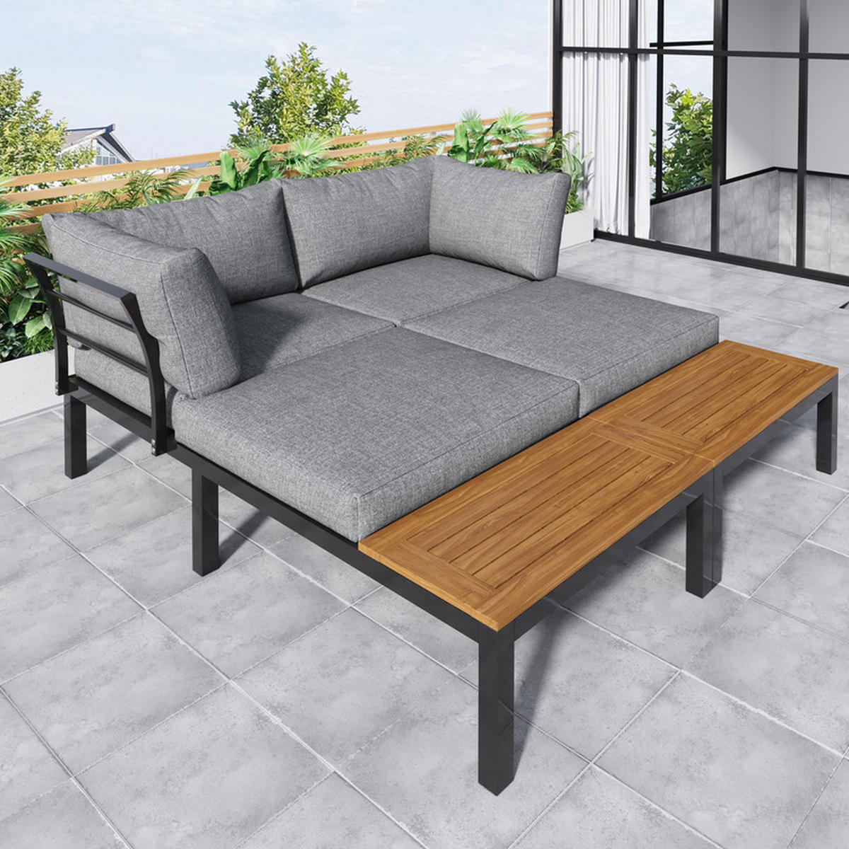 GARTENLOUNGE-SET GRAU 2 Zweisitzer mit Akazien-Tisch und Stoffbezug - Grau, Textil - BLACKCUP