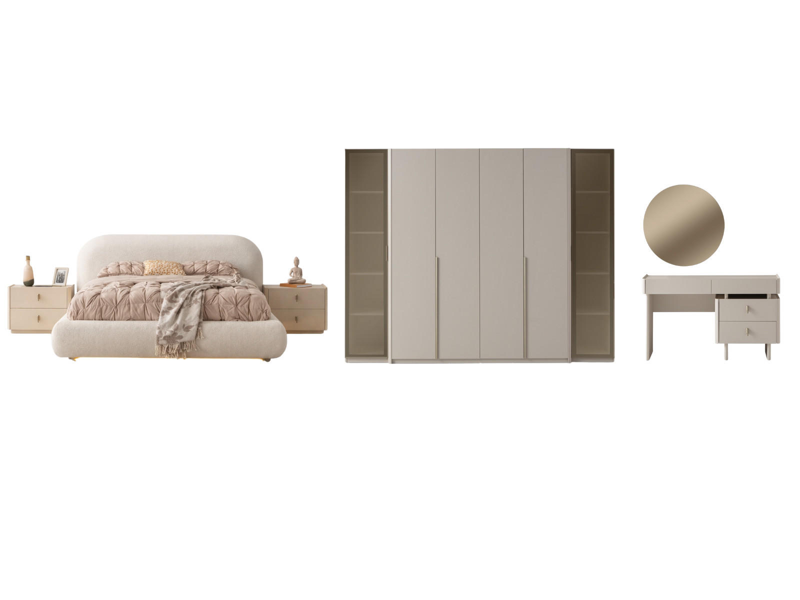 BETTANLAGE ALASKA Schlafzimmer-Set, 5-teilig, Creme, Bett mit Kopfteil, 2 Nachttische, Kleiderschrank und Kommode - Creme, Holzwerkstoff (160/200cm)