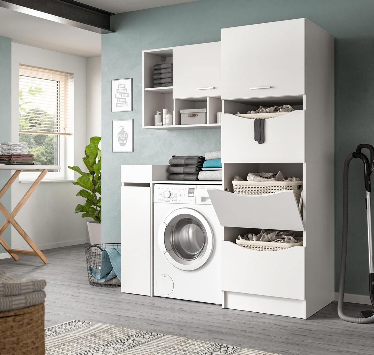 WASCHMASCHINENSCHRANK weiß Set 4-teilig, Waschmaschinenumbau 155 cm mit viel Stauraum - Silberfarben/Weiß, Glas/Holzwerkstoff (155/196/68cm) - Inn.Furn