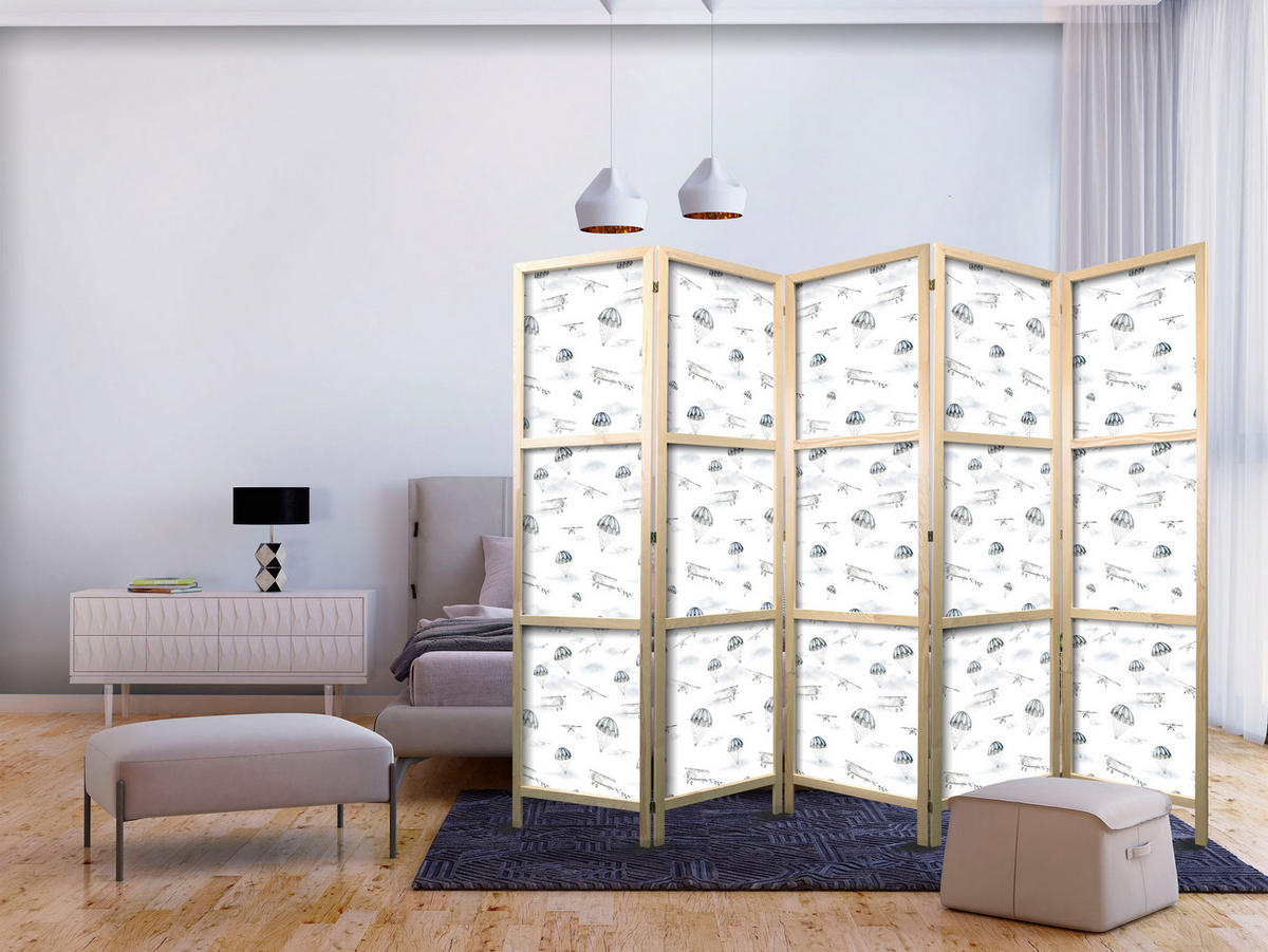 PARAVENT Japanischer 5-tlg 225x172 cm Flugzeuge Und Fallschirme - Weiß, Holz/Textil (225/172/3cm) - Muralo