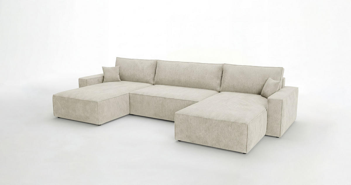 WOHNLANDSCHAFT VIENNA U-Form weiß Cord Poso 100 - Schlaffunktion, Bettkasten - Weiß, Textil (385/86/185cm) - Cornero