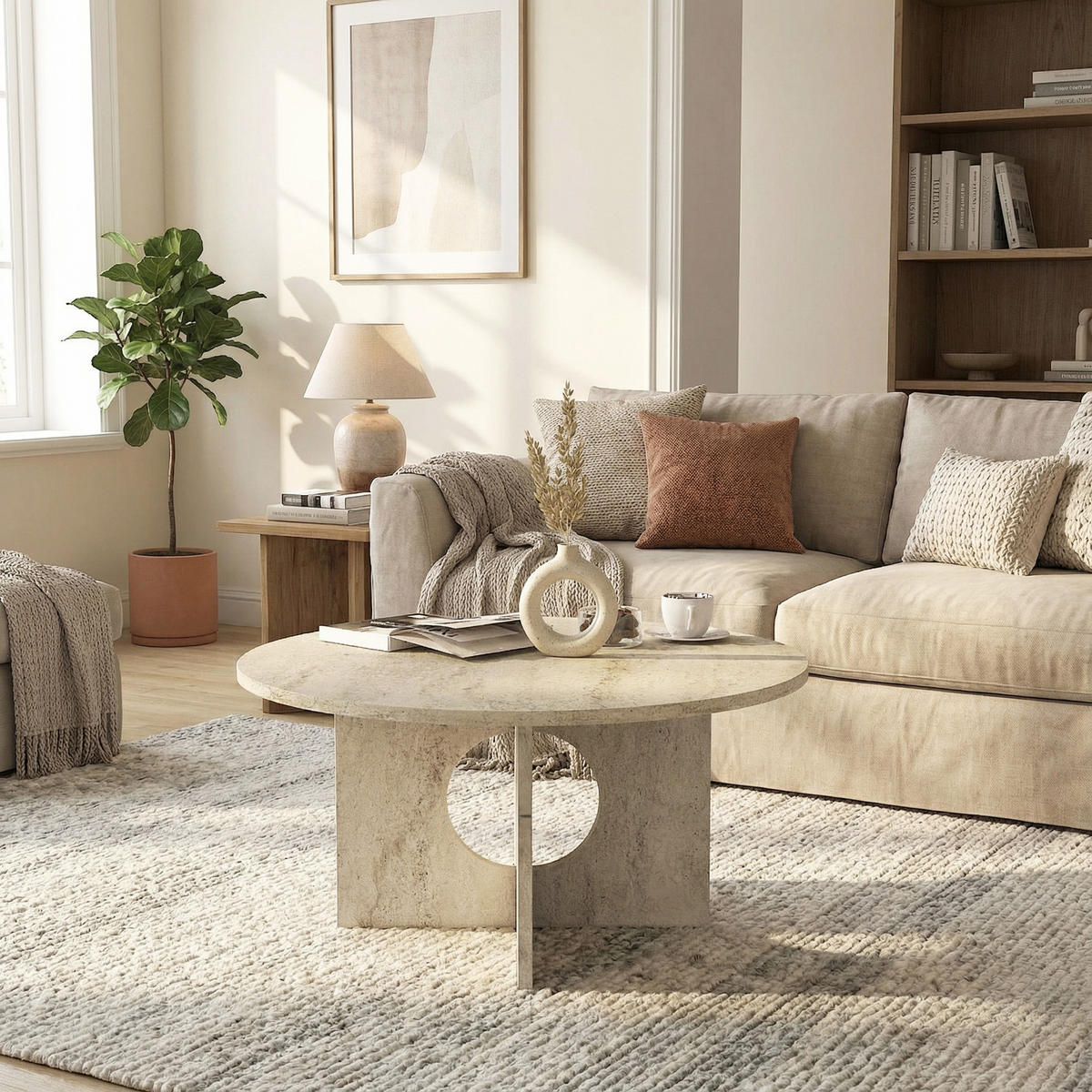 MOEBEL17 Couchtisch Rund Ø 75 cm Travertin Optik Beige – Moderner Wohnzimmertisch Steinoptik – Stabiler Design Sofatisch – Minimalistischer Wohnzimmer - Beige, Holzwerkstoff (75/75/37cm) - moebel17