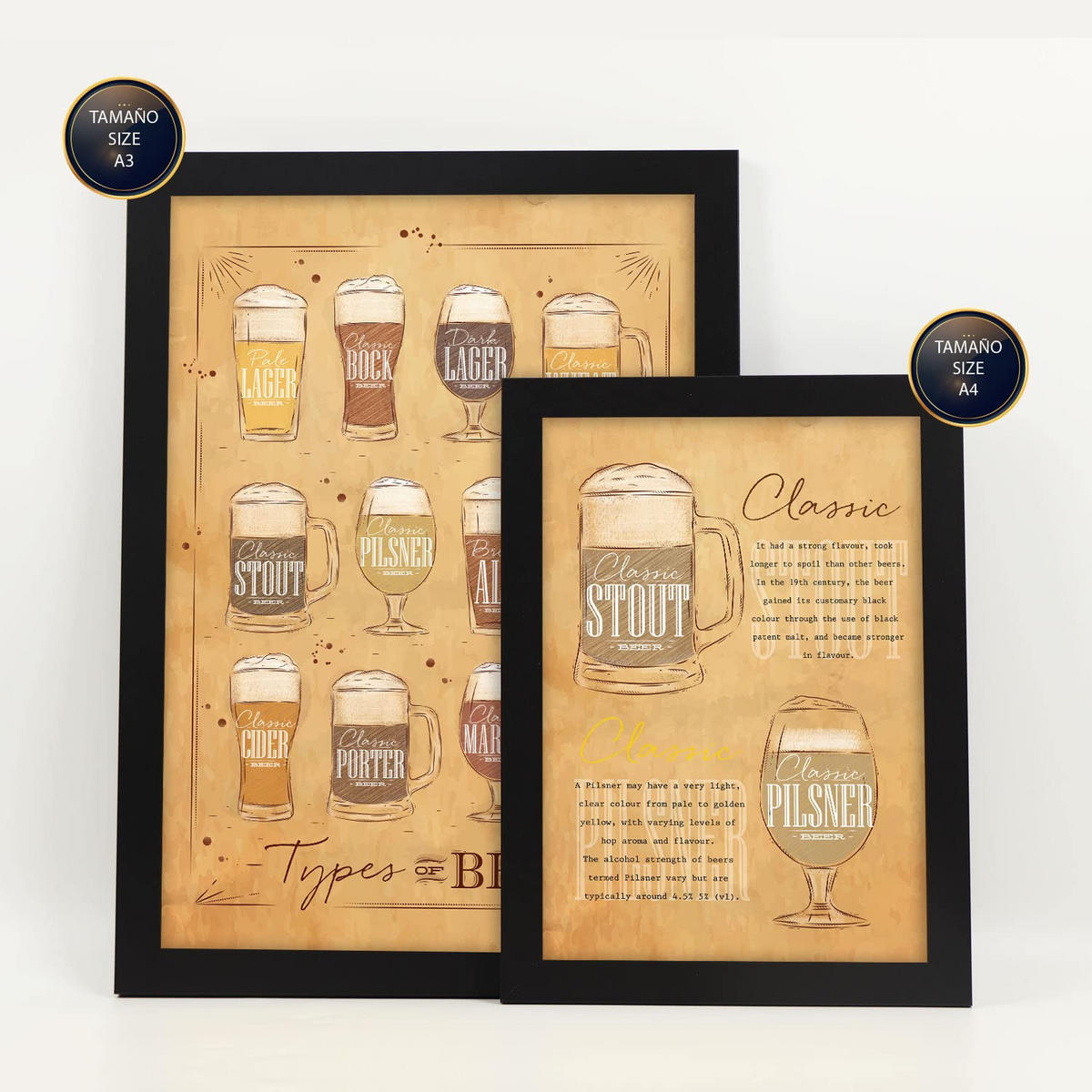 POSTER Set Mit 6 Biersorten Größe A3 & A4 Schwarzer Rahmen - Schwarz, Papier (29.7/1cm) - Nacnic