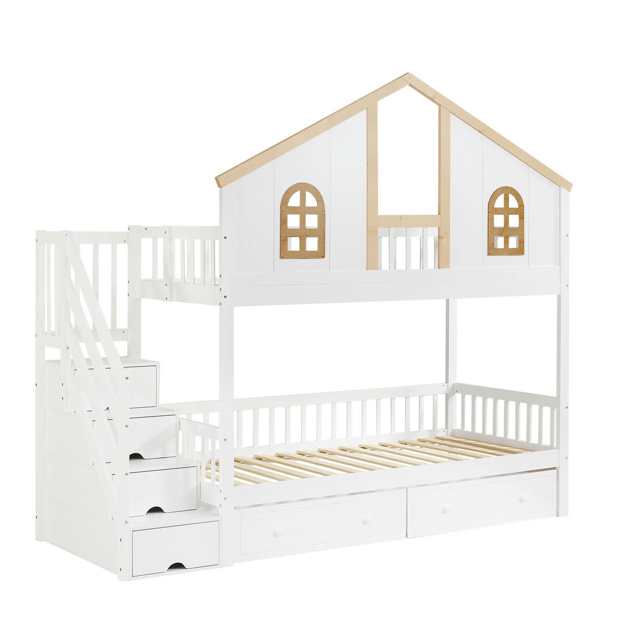 ETAGENBETT aus Kiefer und MDF 90x200 cm Weiß/Natur mit Stauraumtreppe, 2 Schubladen und Fenstern - Weiß, Holzwerkstoff (90/200cm) - Modfu
