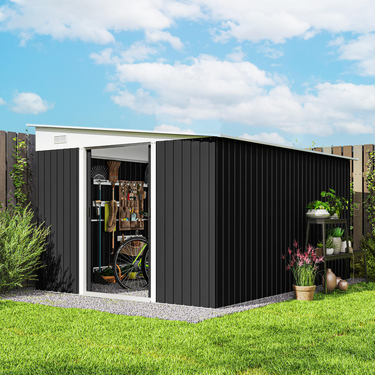 GERÄTESCHUPPEN, Schiebetür, Stahl, 345x280,5x169-201cm, Gartenhaus, Schwarz - Multicolor, Kunststoff (280.5/201/345cm) - FORIOUS