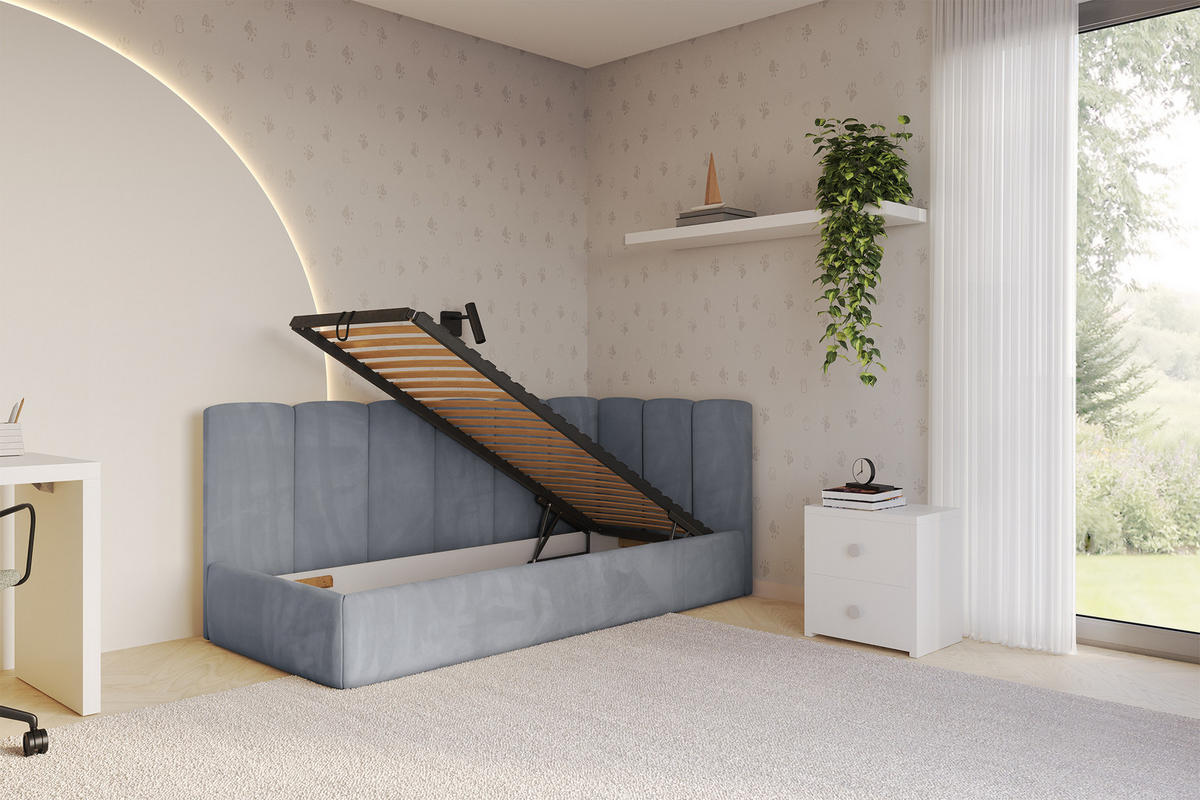 EINZELLBETT Jugendbett mit Bettkasten und Matratze H3/H4, Links - DEXY 90x200 Grau - Grau, Holzwerkstoff/Textil (90/200cm) - ALTDECOR