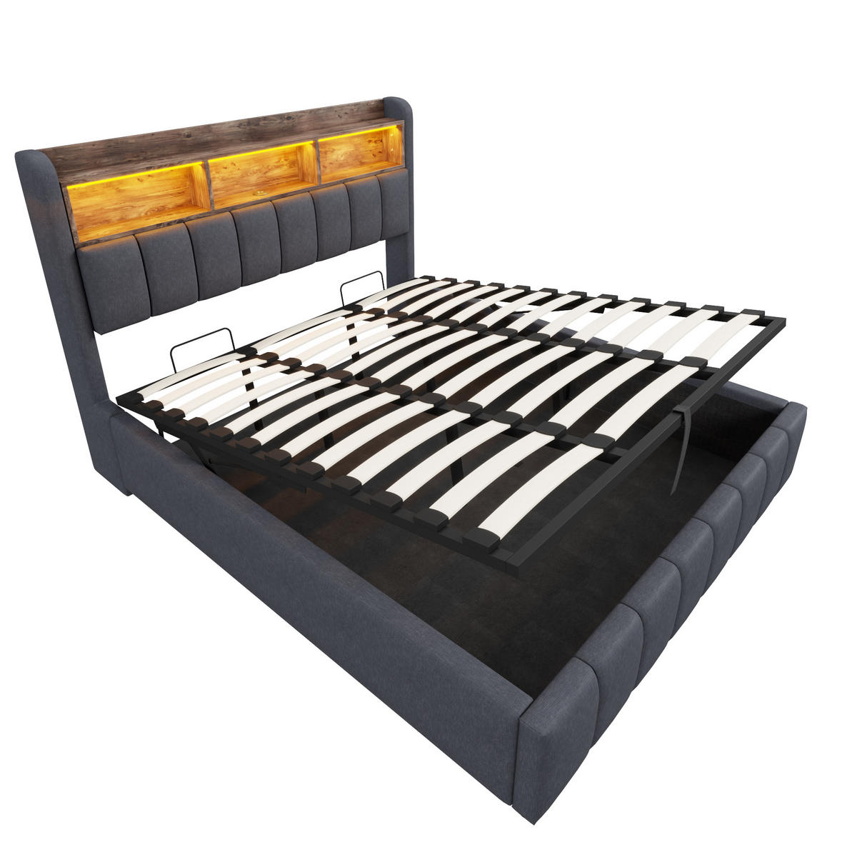 POLSTERBETT 180/200 cm grau LED-Beleuchtung mit Stauraum und USB-Anschluss - Grau, Textil (180/200cm) - OKWISH