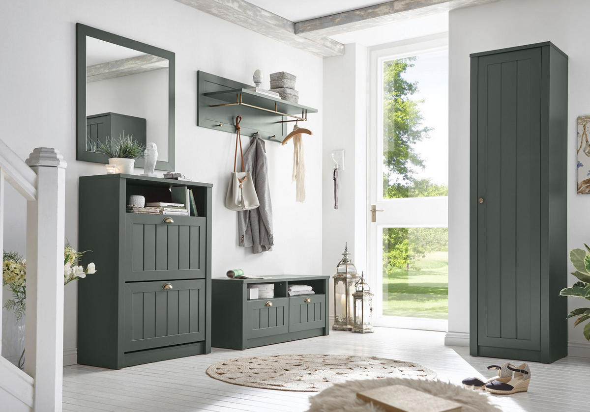 GARDEROBENKOMBINATION grün, Landhausstil, Garderobe Set 5-teilig 272 x 198 cm - Dunkelgrün/Goldfarben, Holzwerkstoff/Kunststoff (273/198/43cm) - Furn.Design