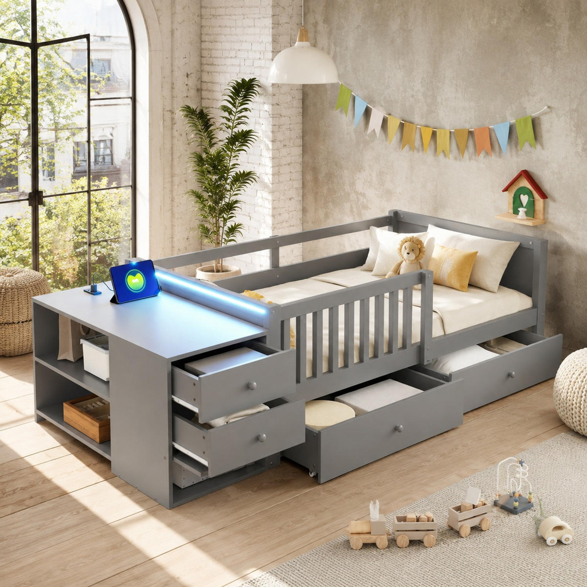 KINDERBETT 90/200 mit Schreibtisch,LED und Steckdose in Grau - Grau, Holzwerkstoff (90/200cm) - EVRYAE