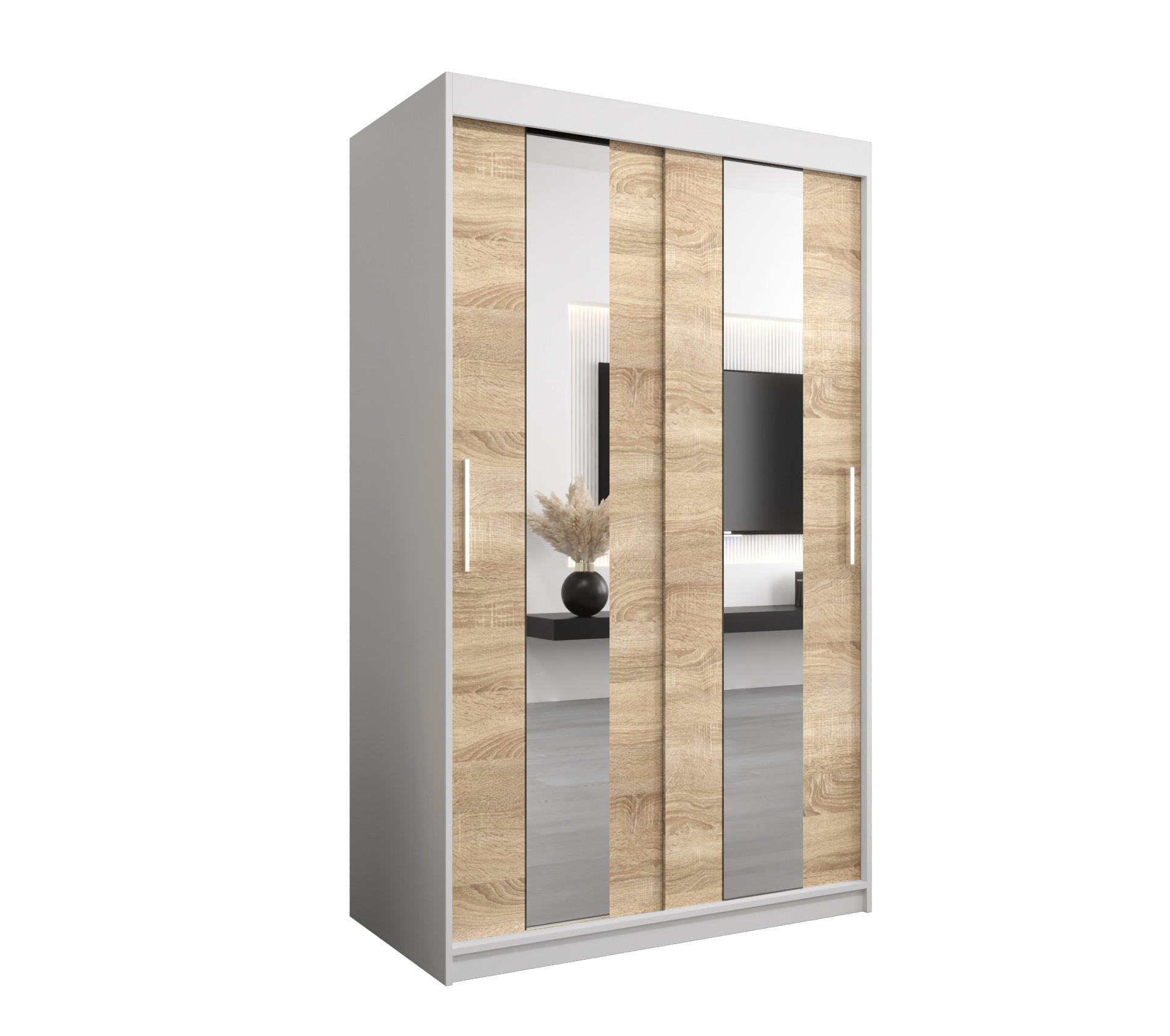 Abiks Möbel Schwebetürenschrank Weiß, Sonoma Eiche 120x200x62 cm