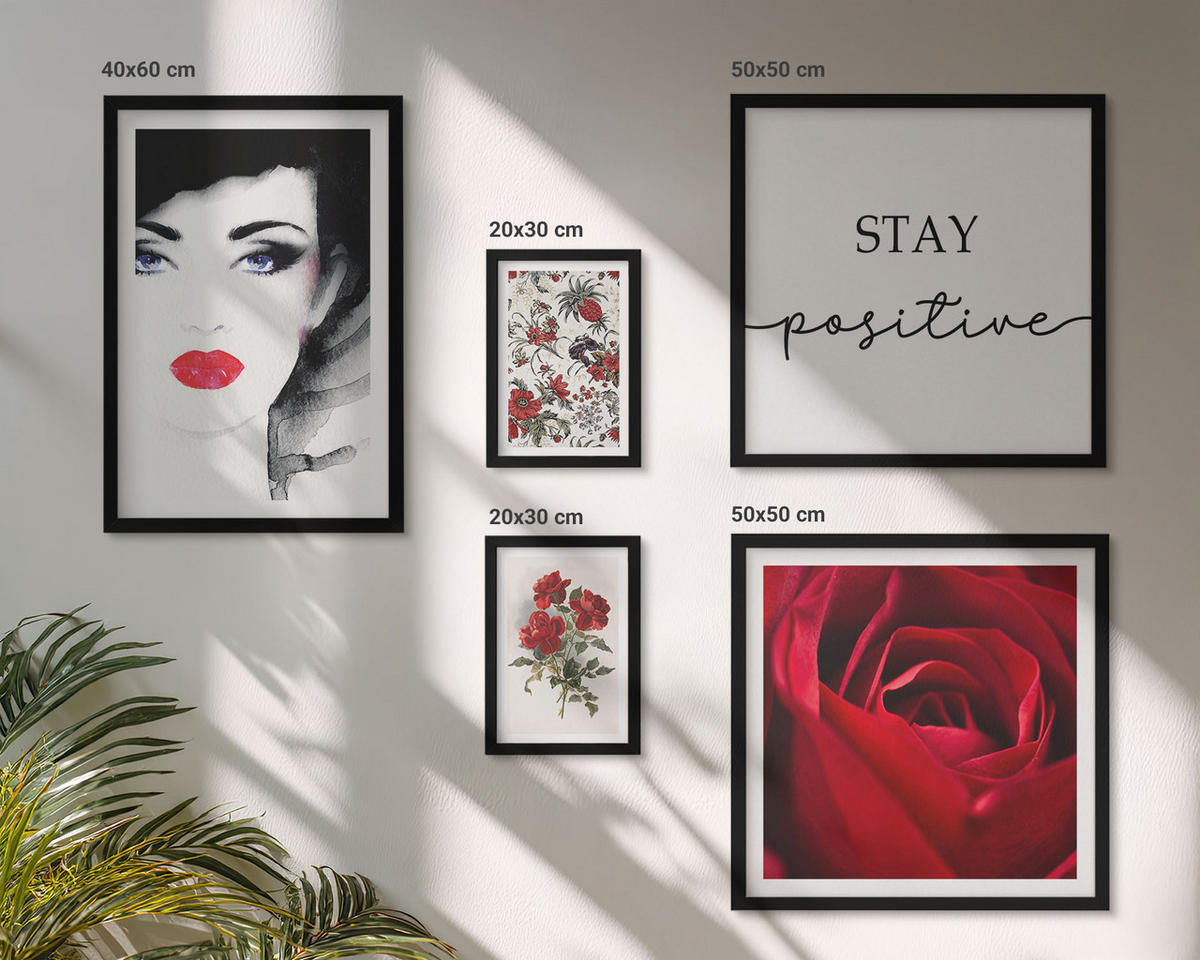 BILDER SET 5er Set - 50x50 cm & 20x30 cm & 40x60 cm Schwarzer Rahmen - Inschrift mit roten Rosen - Schwarz, Kunststoff (40/60cm) - TULUP