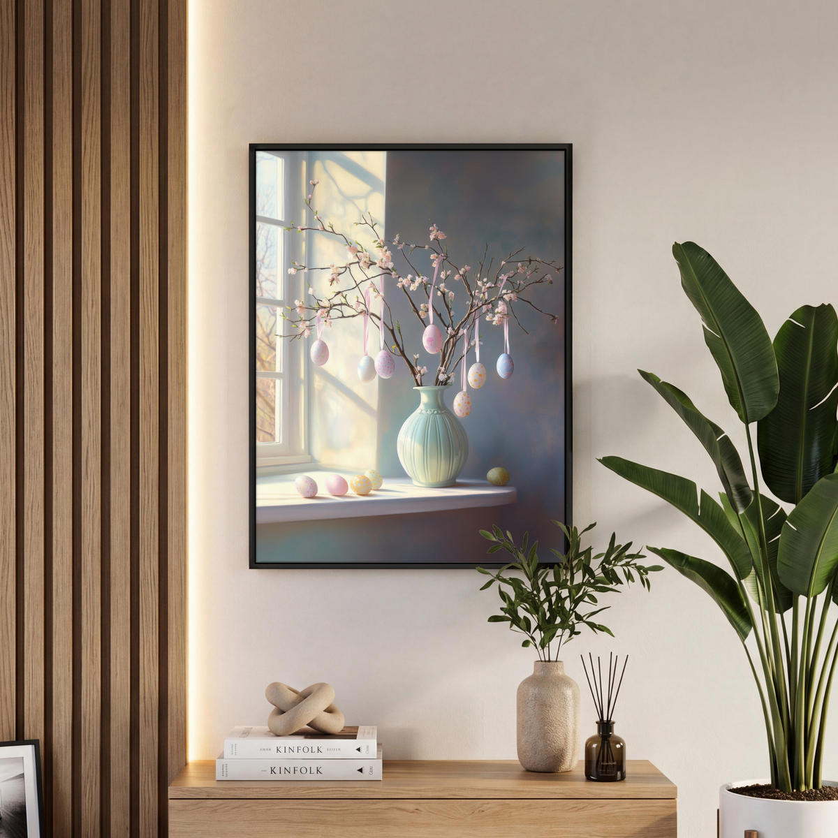 LEINWAND Bilder mit Rahmen - Stillleben - Vase - Osterzweig - 60x80 - Hellblau, Textil (60/80cm) - MuchoWow
