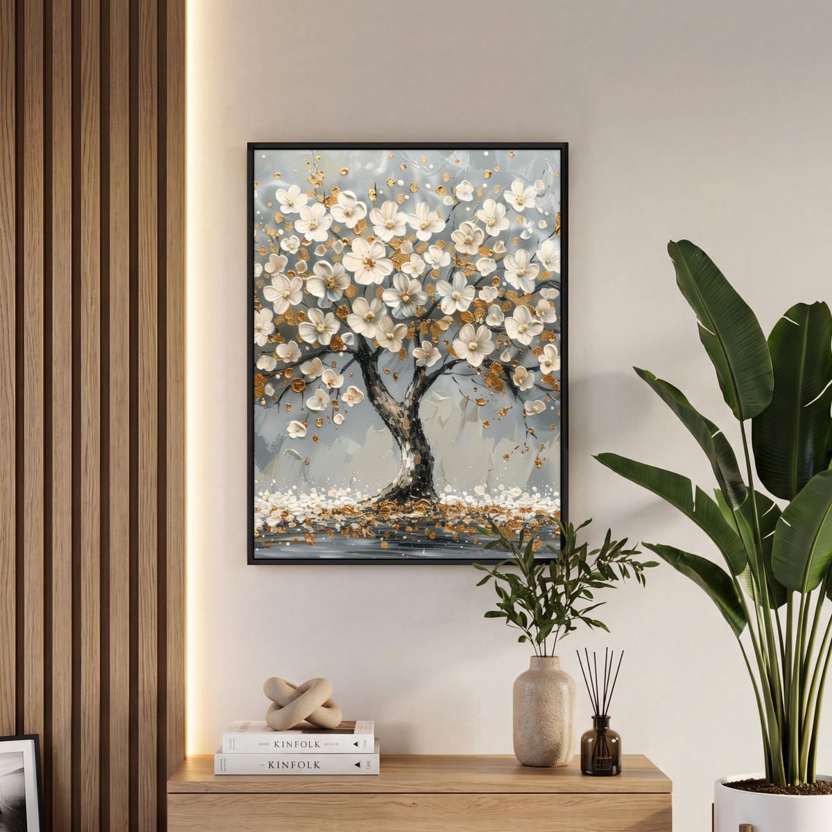 LEINWAND Bilder mit Rahmen - Baum - Blumen - Weiß - Natur - Kunst - 50x70 - Weiß, Textil (50/70cm) - MuchoWow