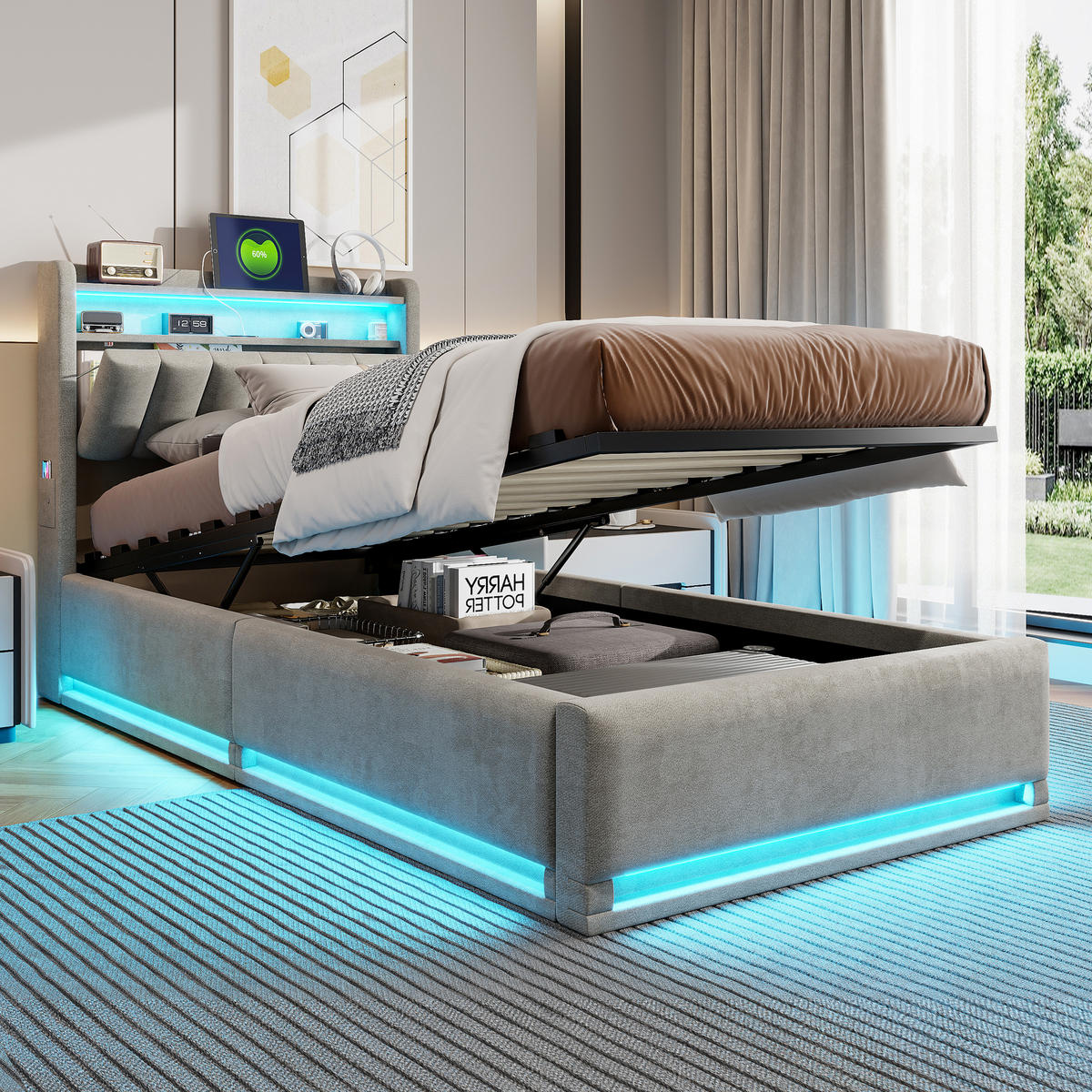 POLSTERBETT 90x200 cm LED Stauraum Lattenrost Kopfteil grau - Grau, Holz (90/200cm) - LEBENLANG