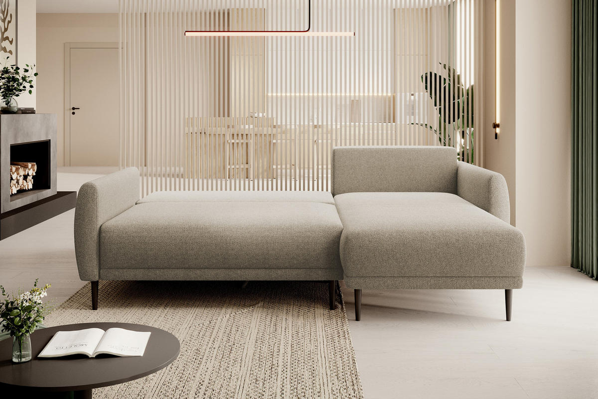 ECKSOFA Bono – Stilvolles Sofa mit Schlaffunktion, Robuste Holzfüße, Elegante Armlehnen, Tiefe Sitzfläche 226x164x88 cm – Rechte, Sand - Sandfarben, Holz/Textil (226/164cm) - DomoHome