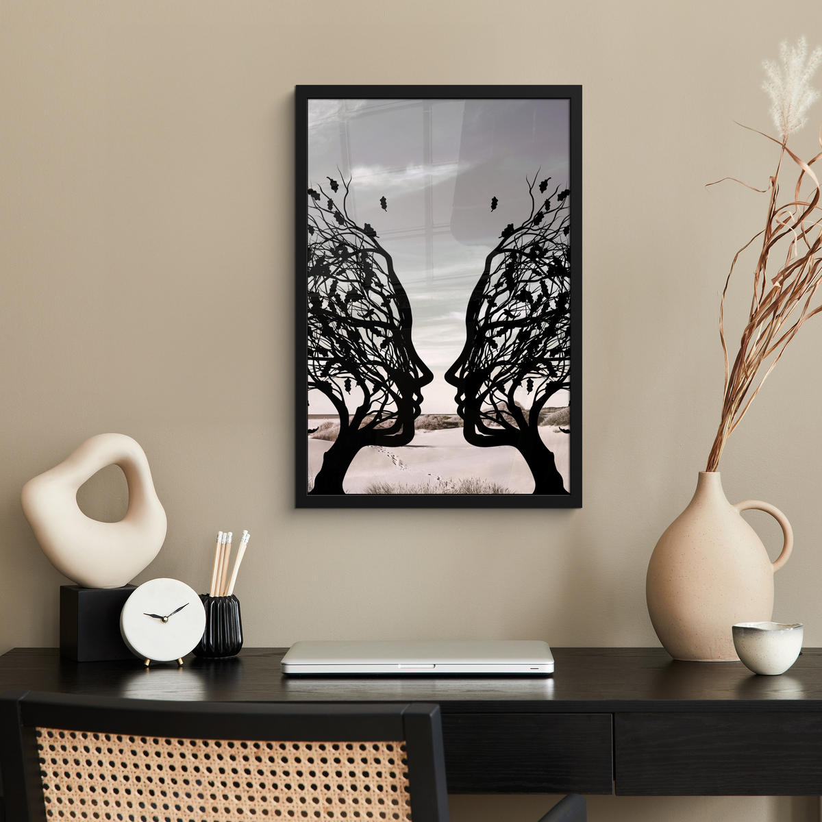 GERAHMTES BILD Strand - Meer - Menschen - Baum - Moderne Kunst 40x60 cm - Hellgrau, Papier (40/60cm) - MuchoWow