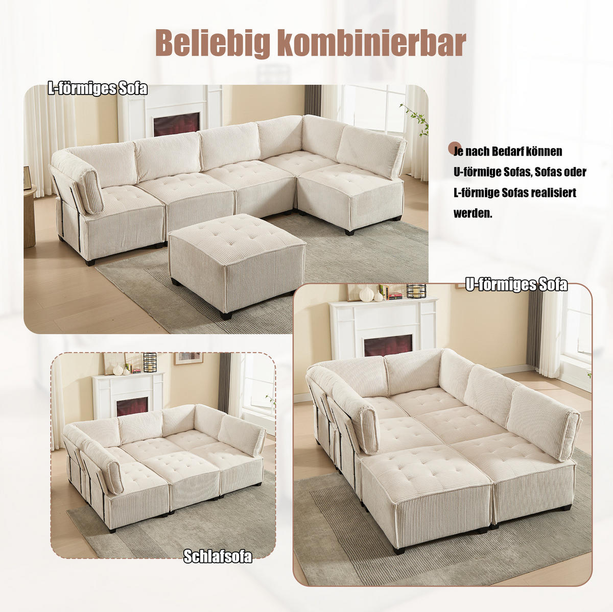 MODULARES 6-Sitzer Sofa Cord U-/L-Form und Eckschlafsofa Beige 308/154/82 cm - Beige, Textil (154/308cm) - Redom