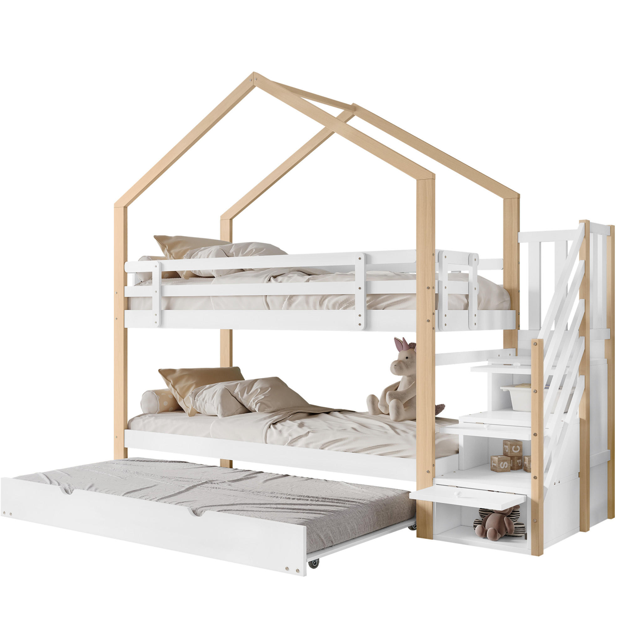 Modfu PATROVÁ postel z masivního dřeva a MDF 255x95,5x223,5 cm bílá a přírodní s výsuvným lůžkem, schodištěm a úložným prostorem